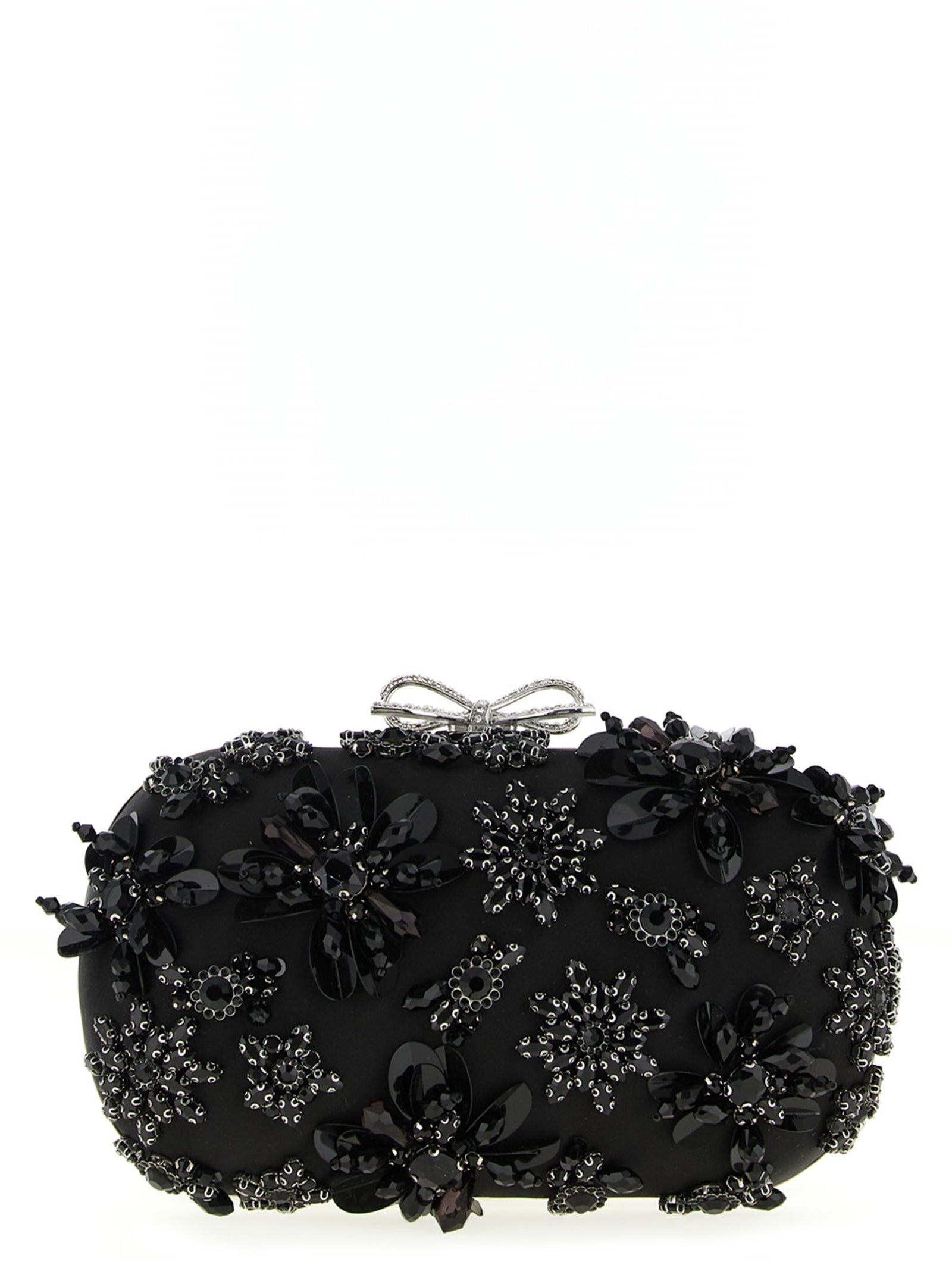 Self-Portrait Black Satin Floral Crystal Clutch