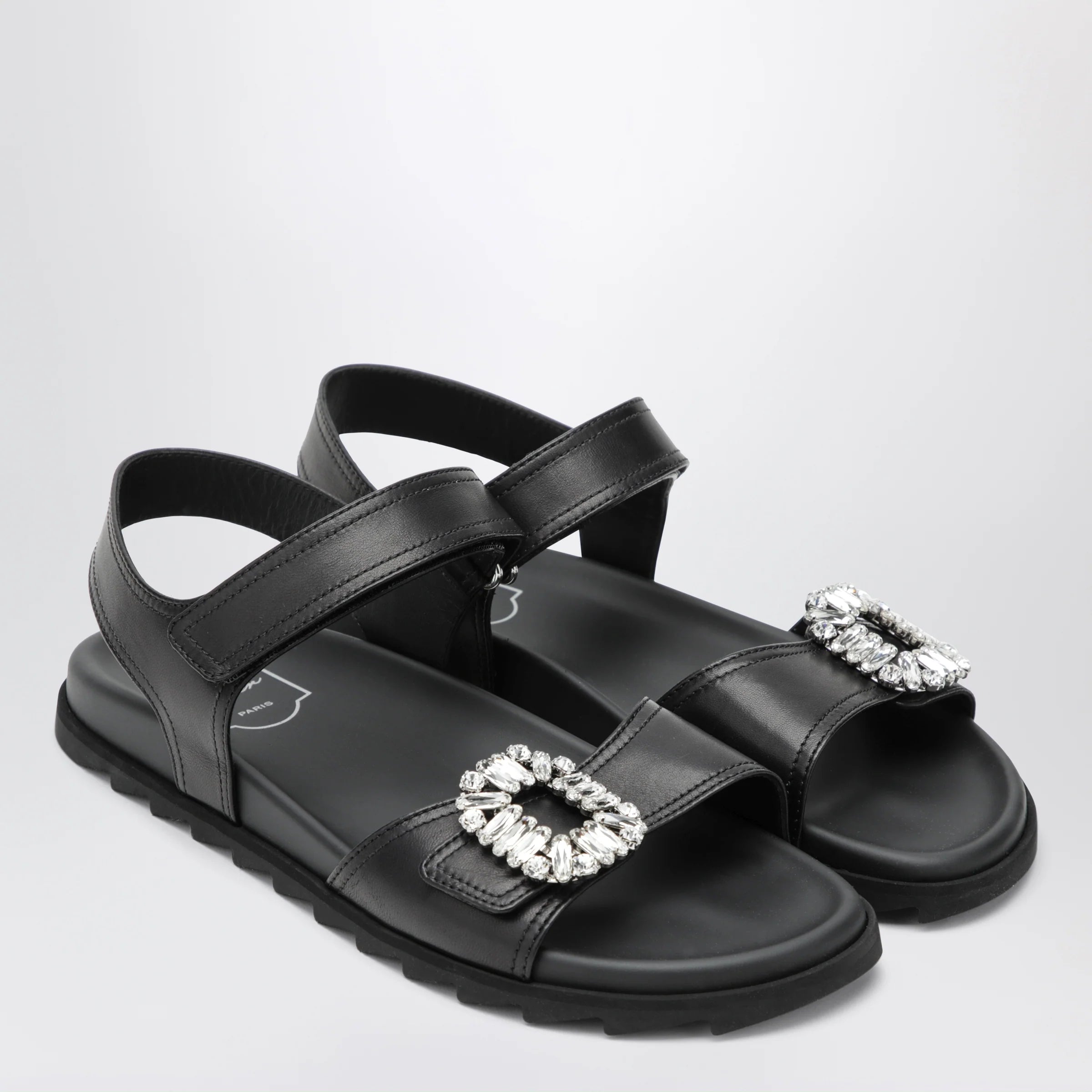 ROGER VIVIER Black leather sandals with crystal buckle