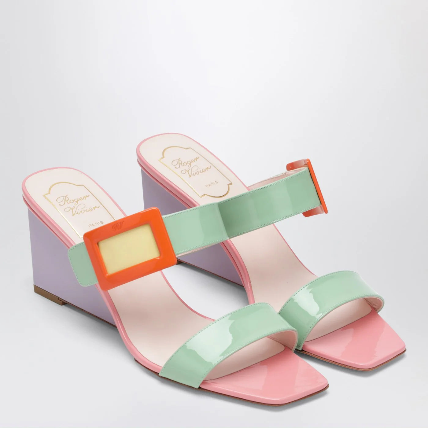 ROGER VIVIER Belle Vivier wedge mules in green/purple patent leather