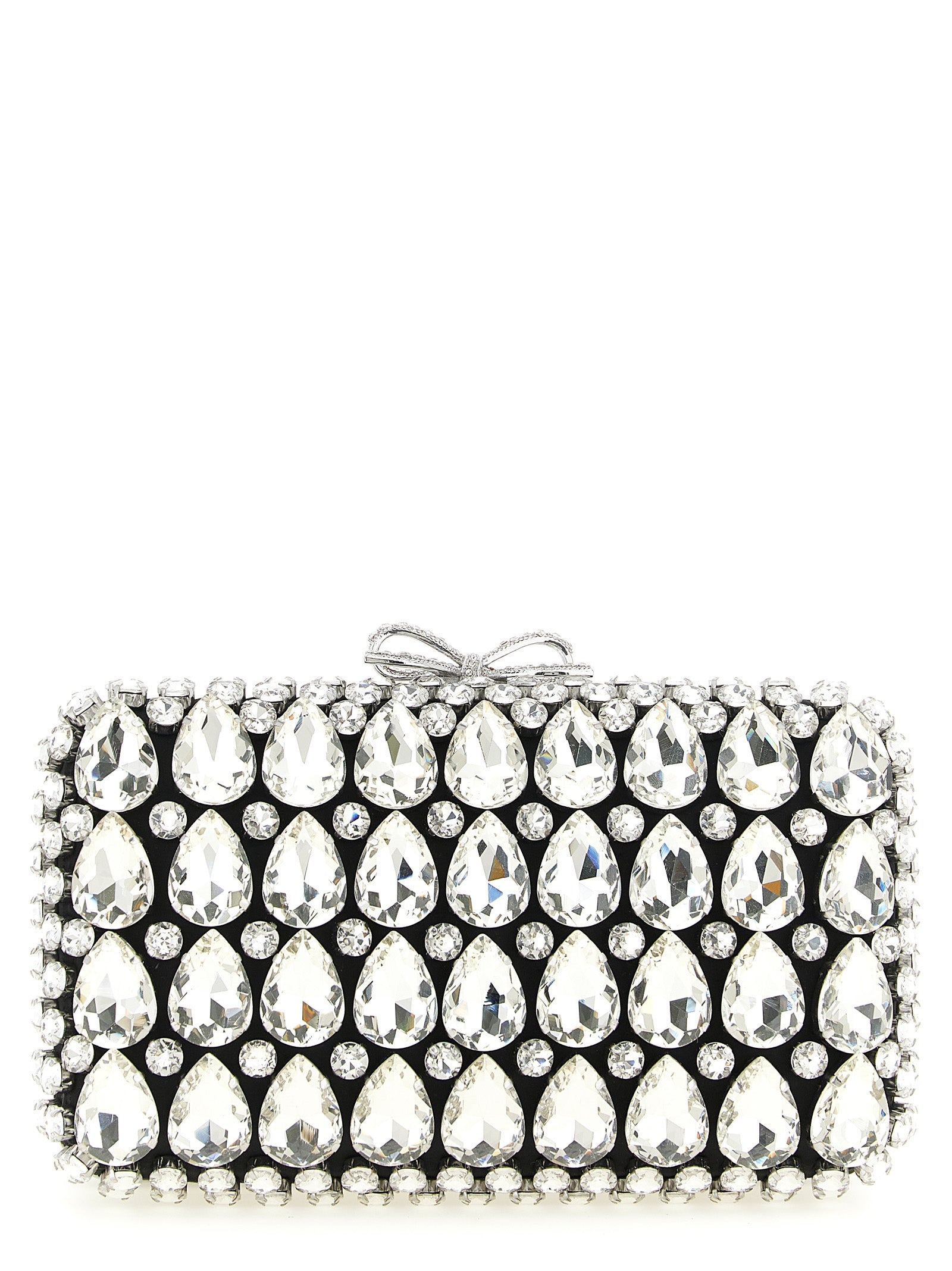 Self-Portrait Black Satin Crystal Clutch