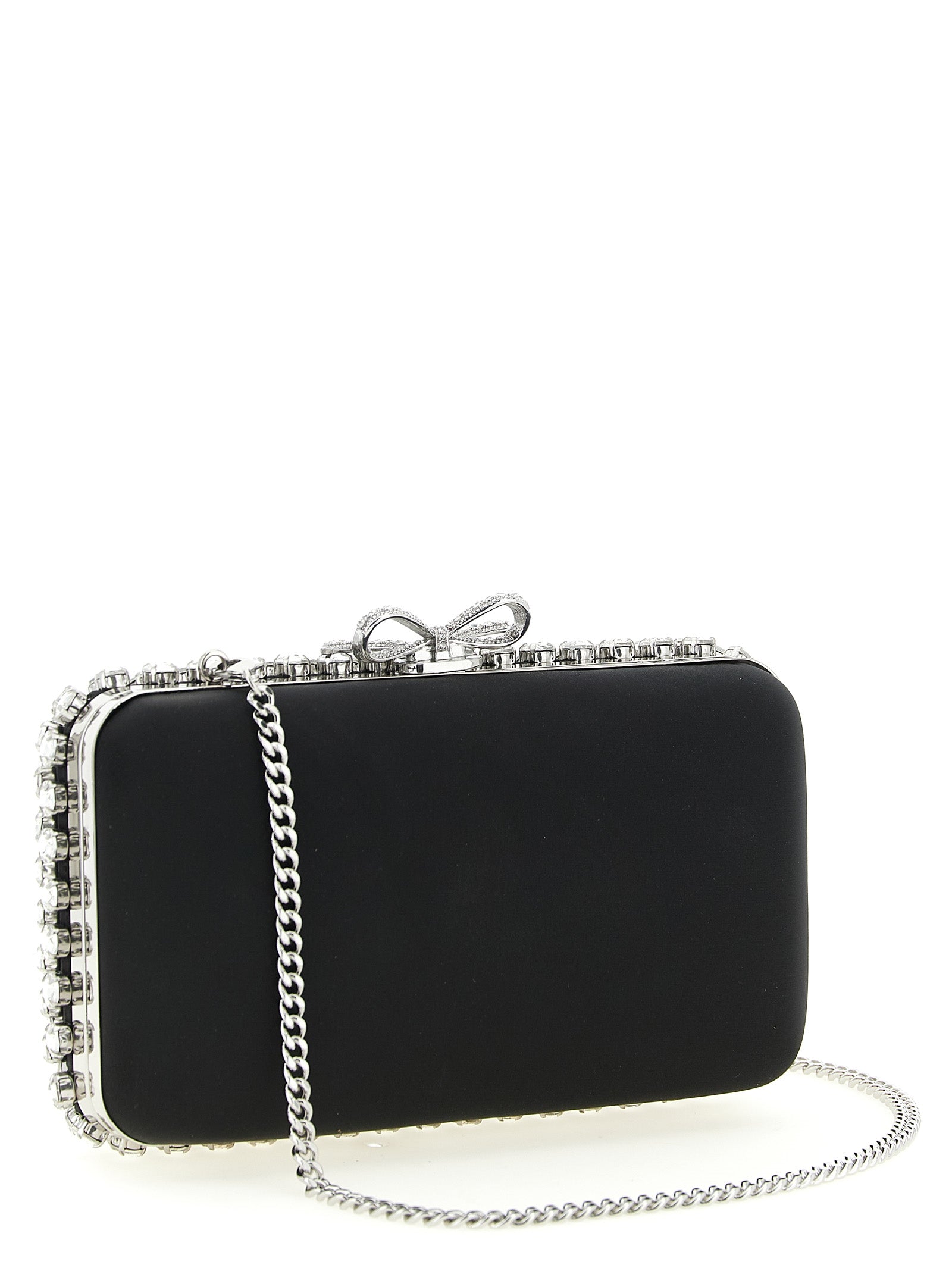 Self-Portrait Black Satin Crystal Clutch