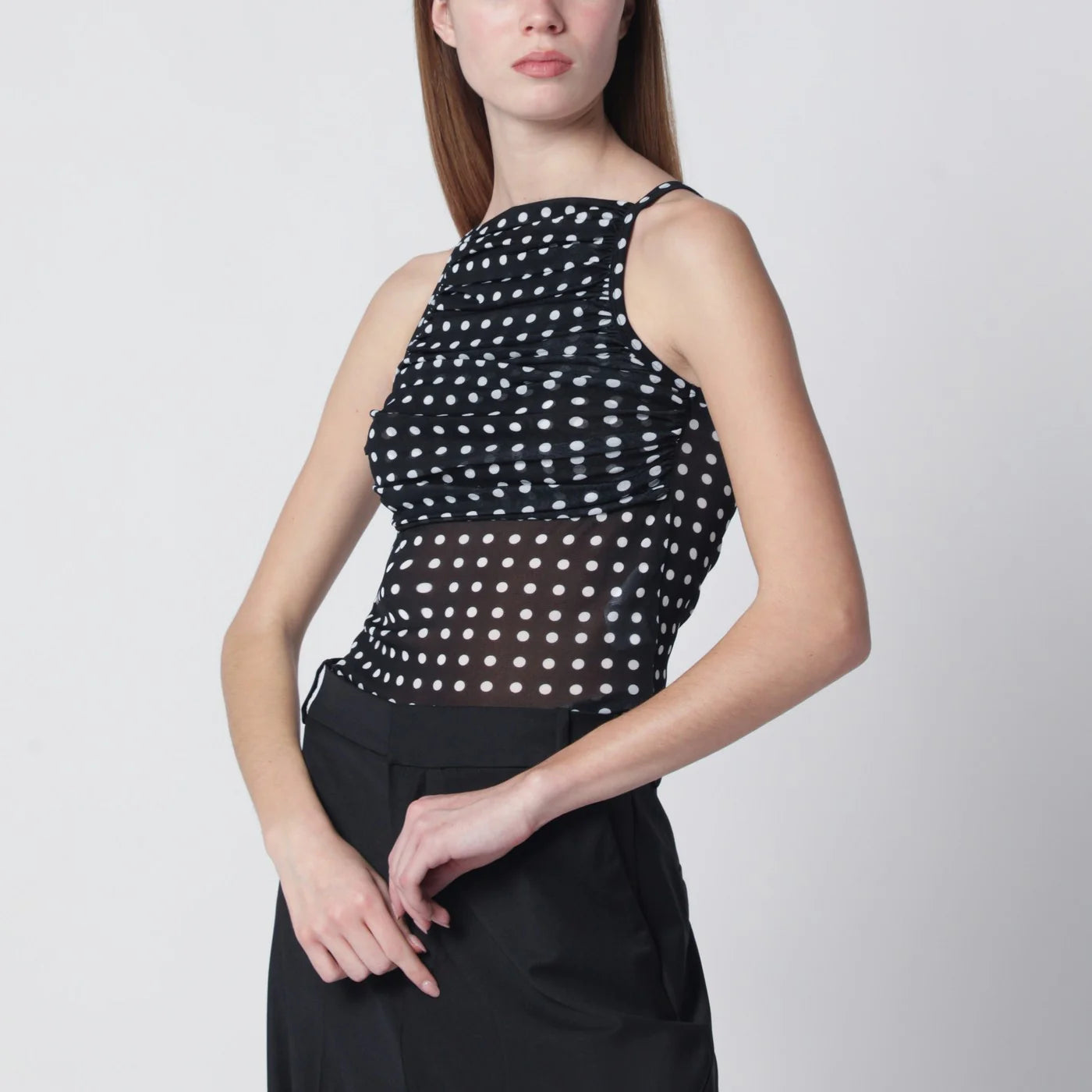 Patou Navy blue ruched polka-dot top