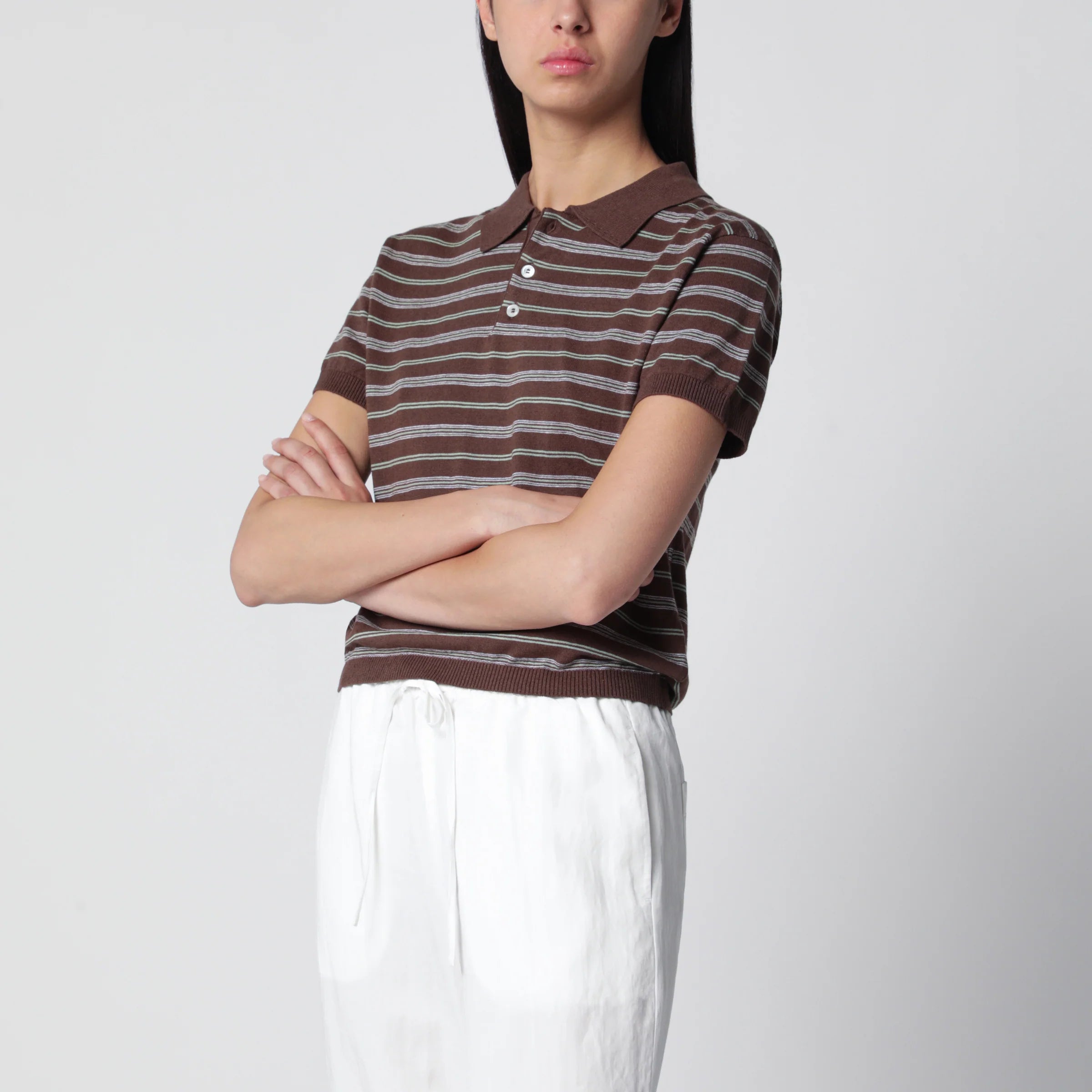 Dunst Brown/mint green striped linen-blend polo shirt