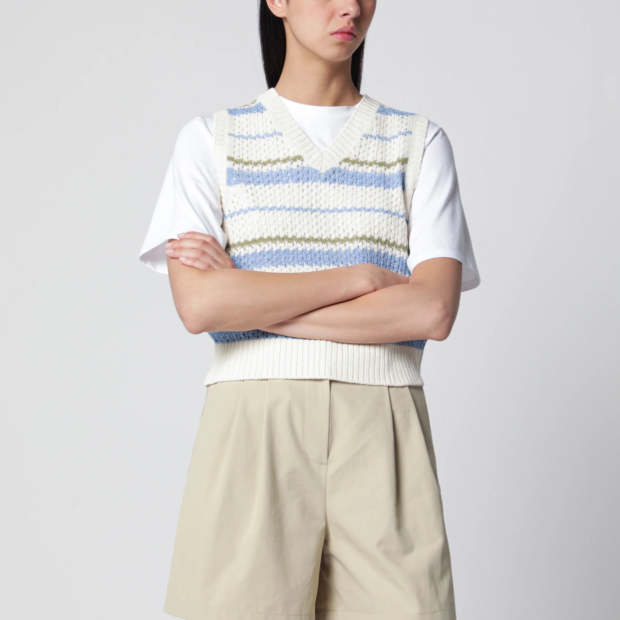 Dunst Ivory/green/light blue striped crochet-effect vest