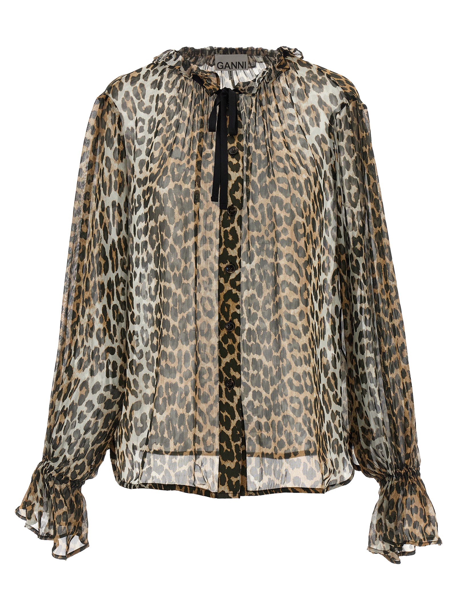 Ganni Leopard Print Chiffon Tie String Shirt