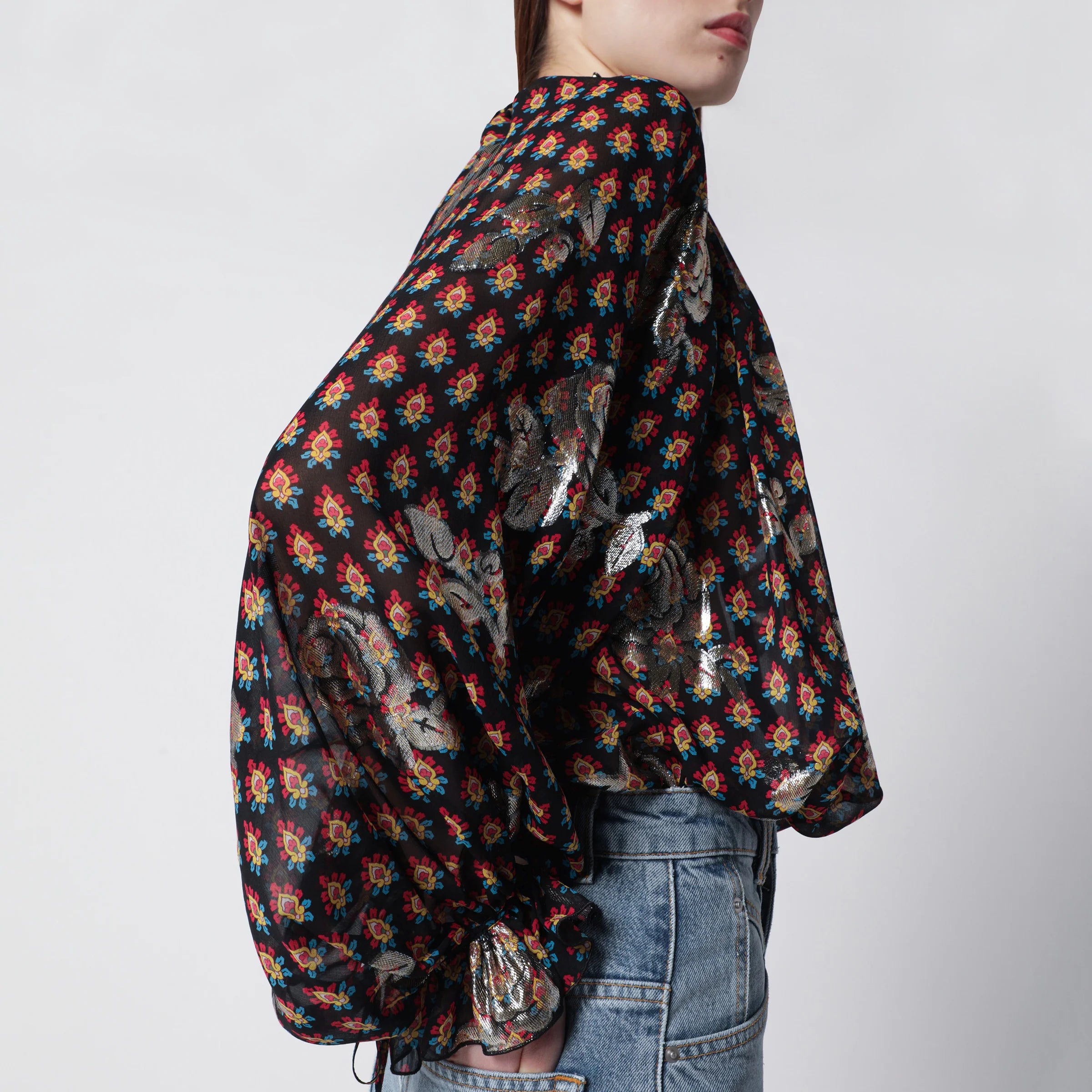 ETRO Black silk shirt with fil coupé roses