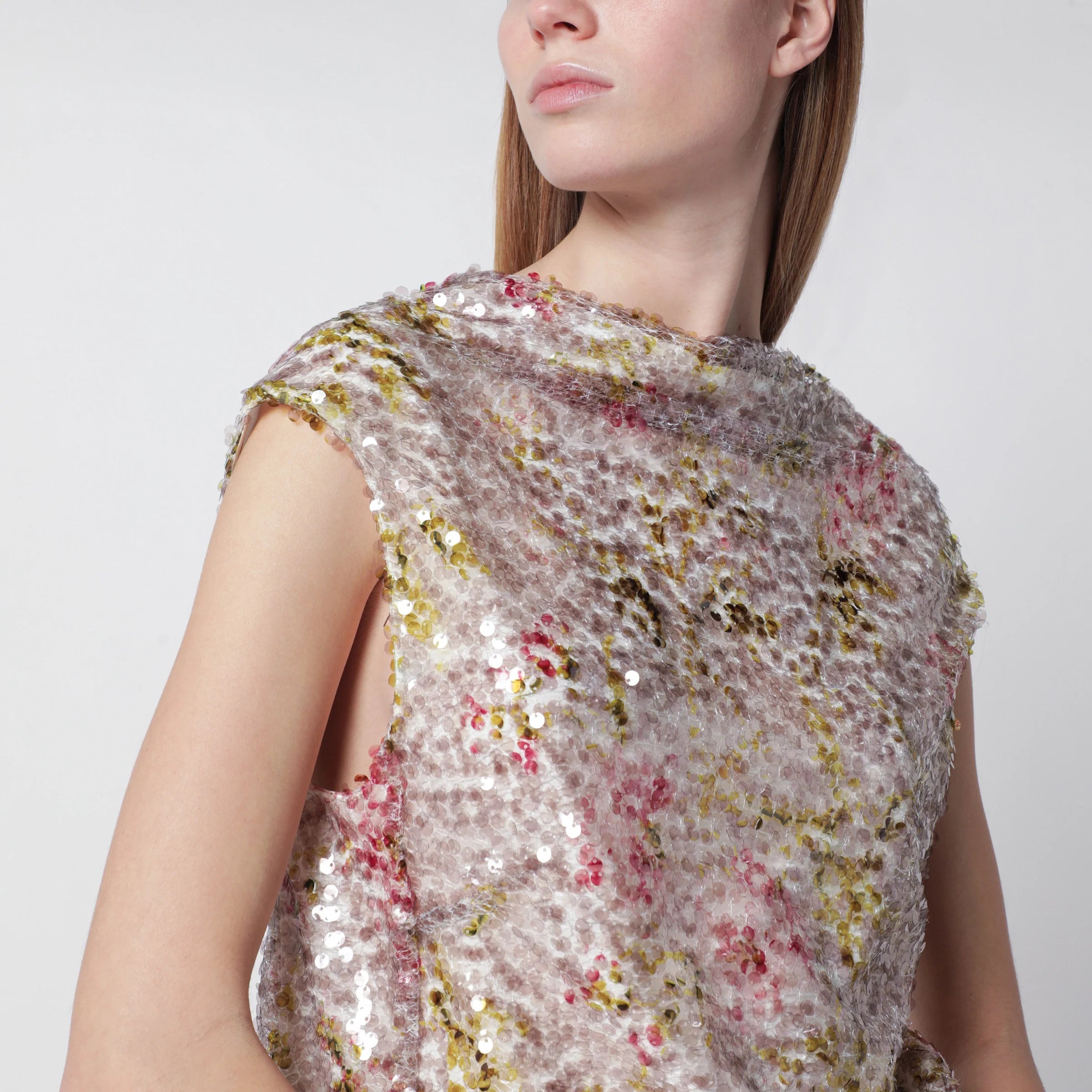 Alberta Ferretti Sleeveless high-neck top with a floral sequin pattern