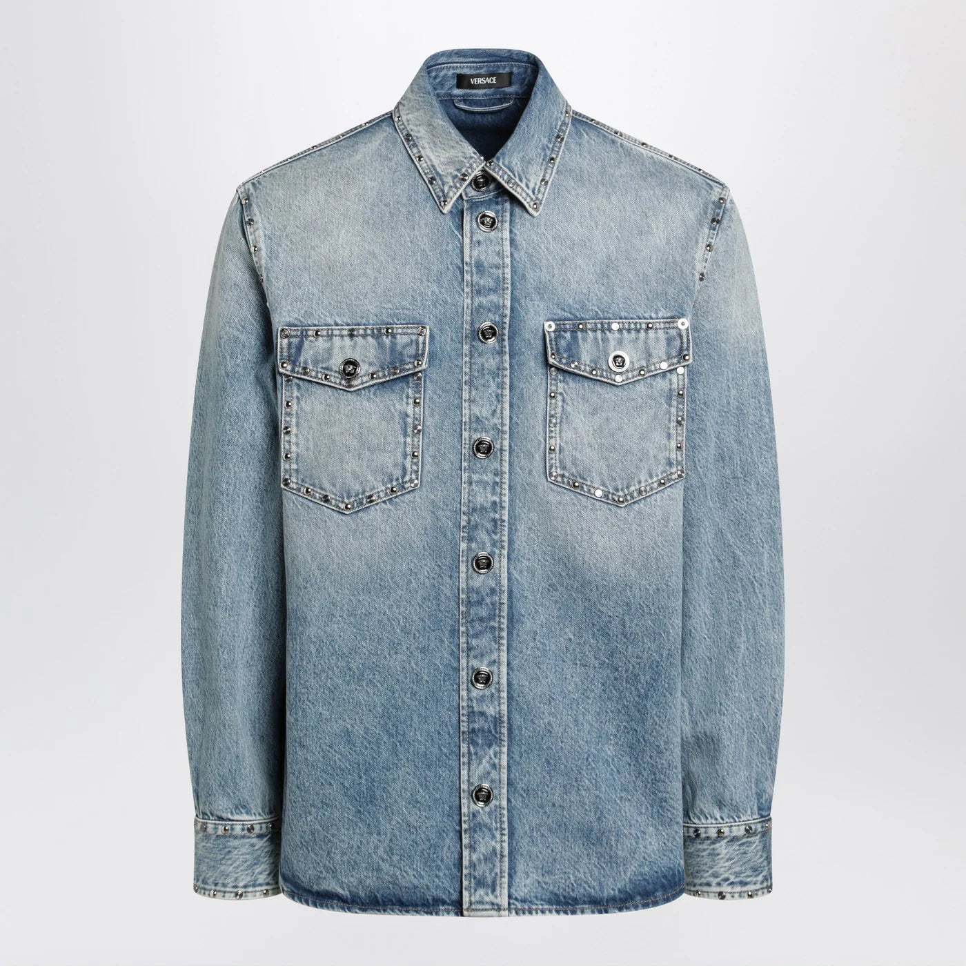 Versace Light blue stone-washed denim shirt with studs