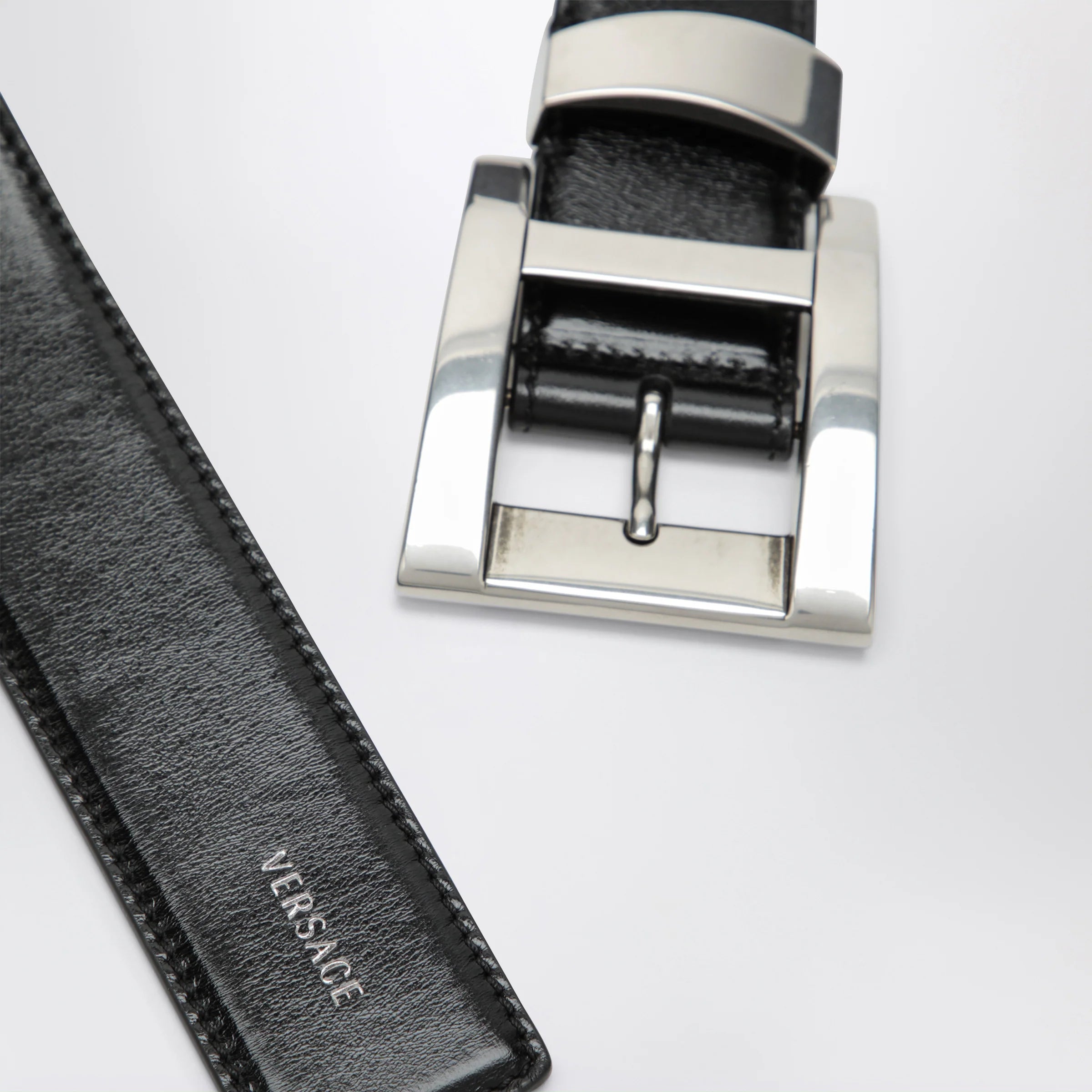 Versace Black leather belt with logo lettering