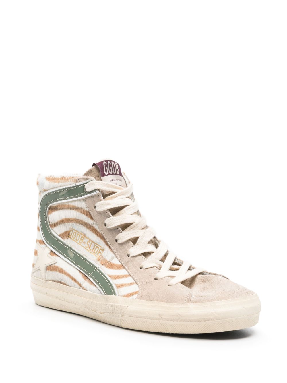 Golden Goose Slide me lëkurë ponie me print zebre dhe shkëlqim prej lëkure të laminuar