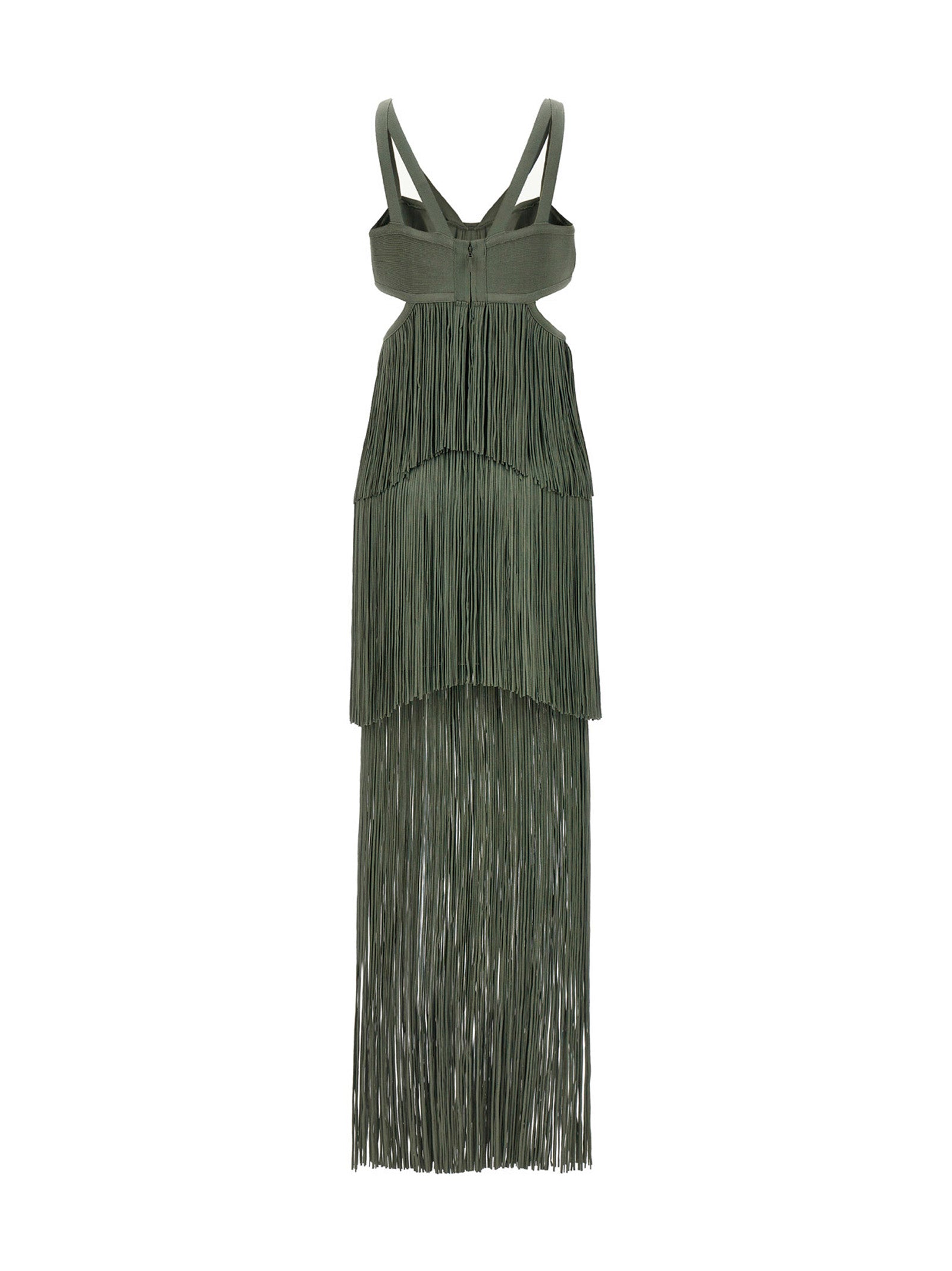 Herve Leger Strappy Tiered Fringe Dress