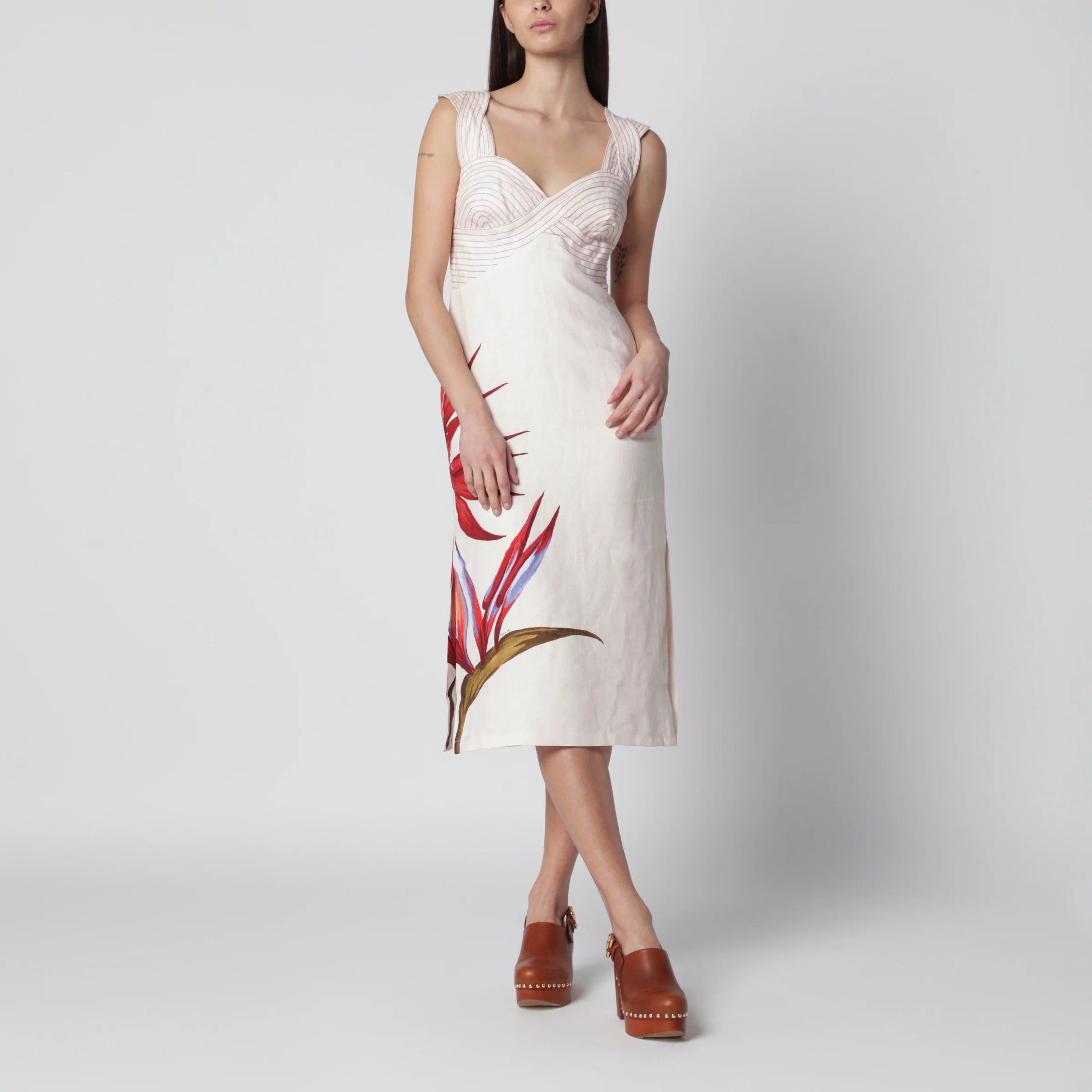 FARM Rio Sand-colored linen midi dress with Strelitzia pattern