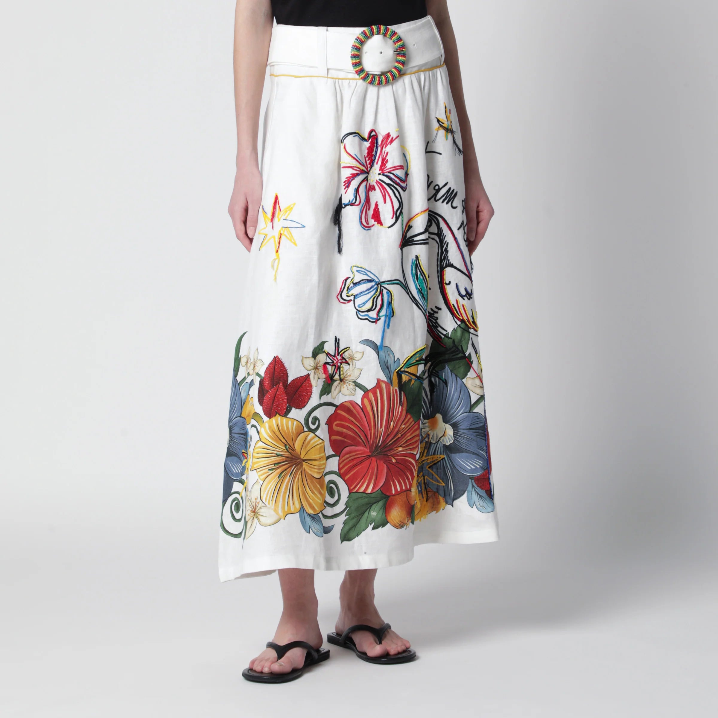 FARM Rio White linen skirt with tropical embroidery
