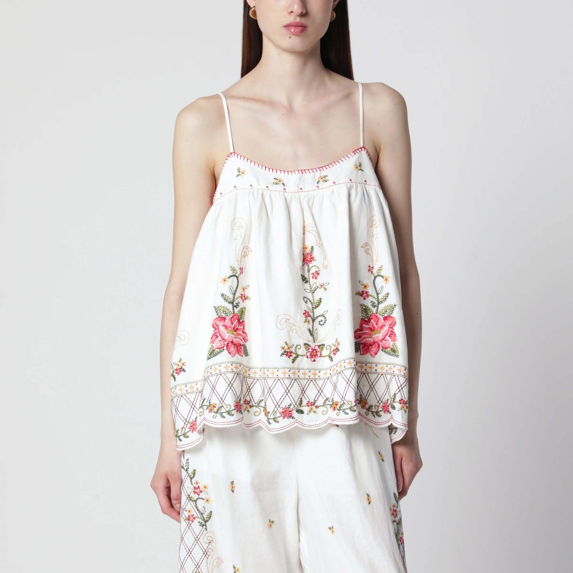 FARM Rio Linen-blend top with floral embroidery