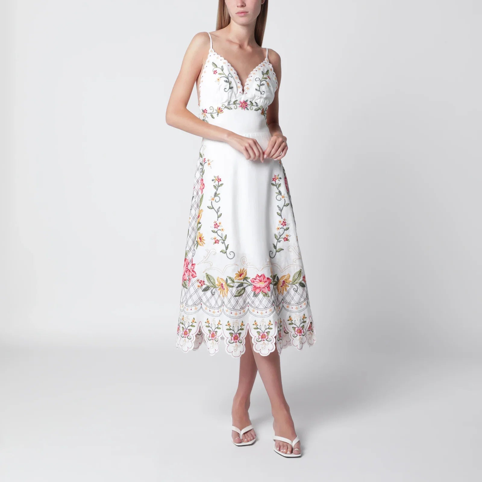 FARM Rio Ivory midi dress with floral embroidery
