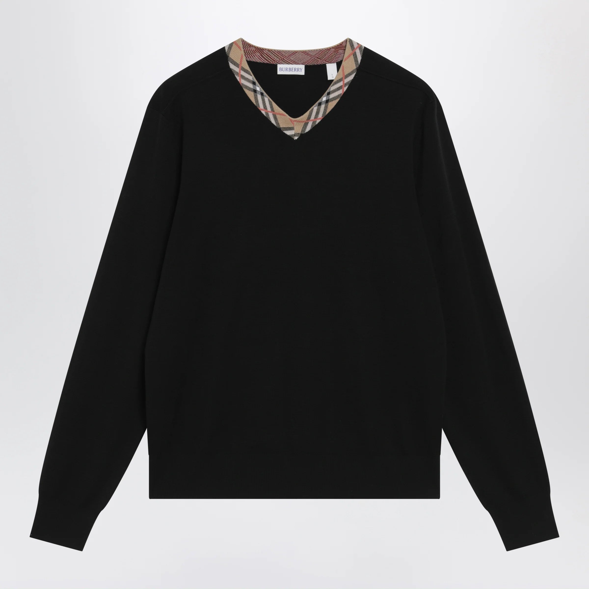 Burberry Black wool sweater with Check motif neckline