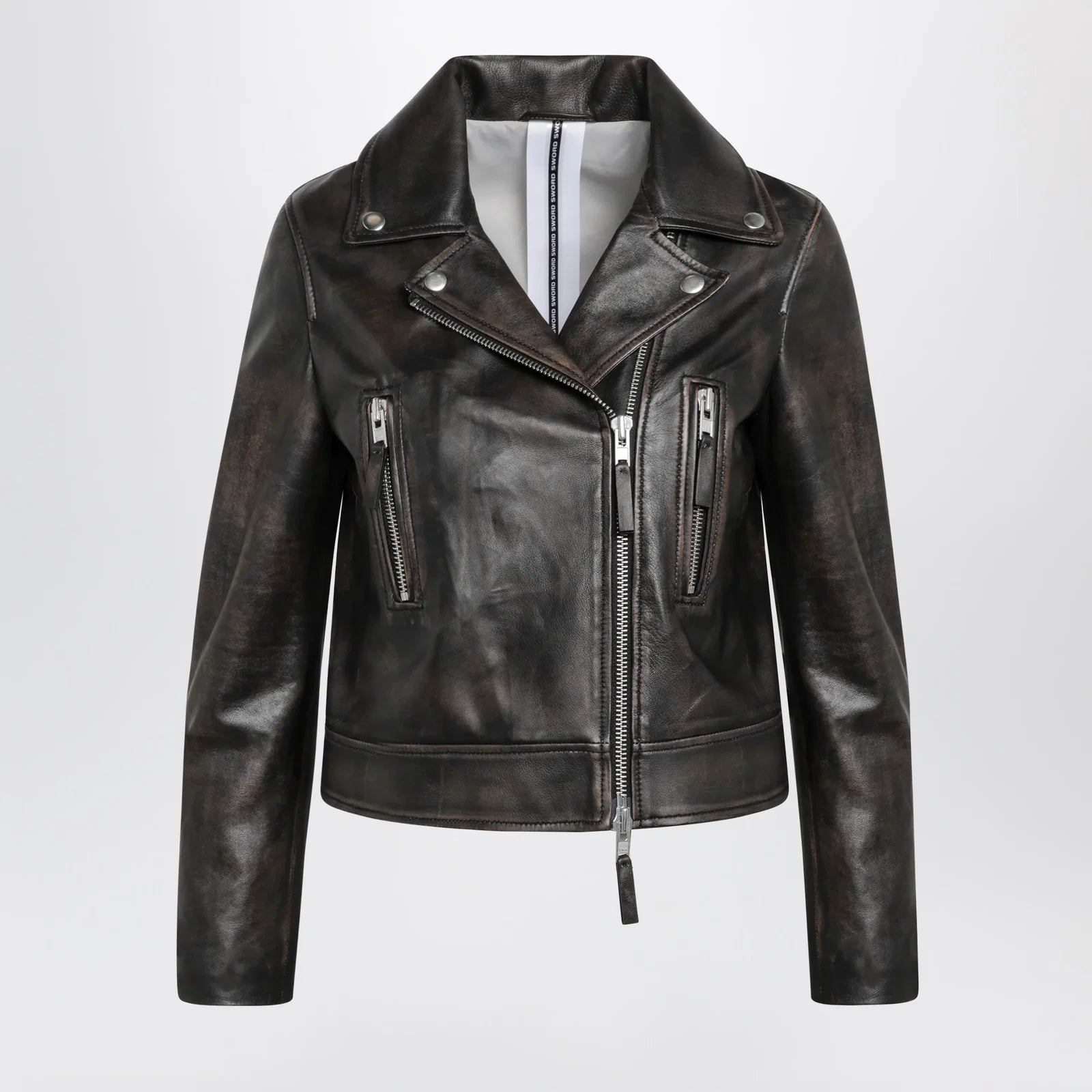 Sword 6644 Black vintage-effect leather biker jacket