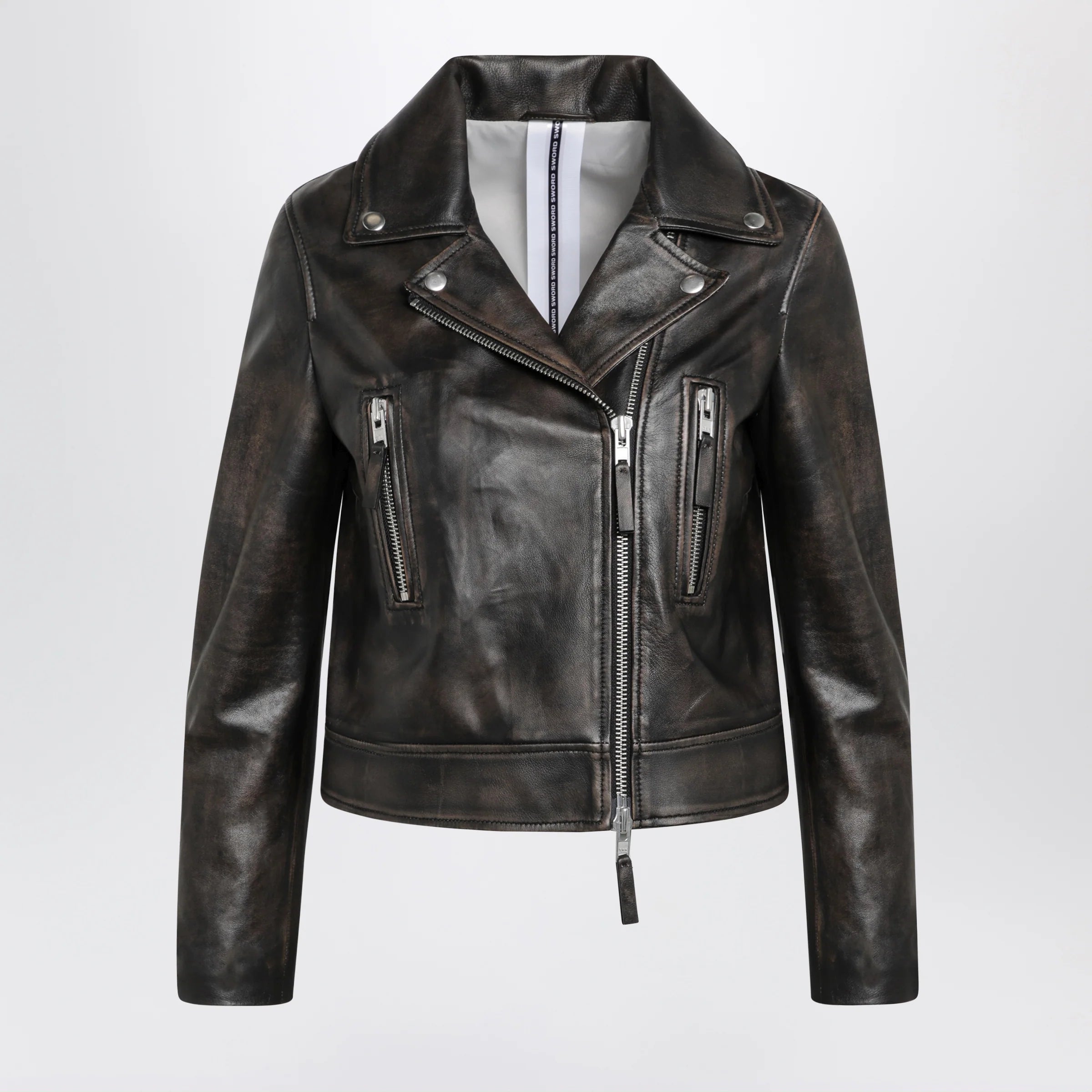 Sword 6644 Black vintage-effect leather biker jacket