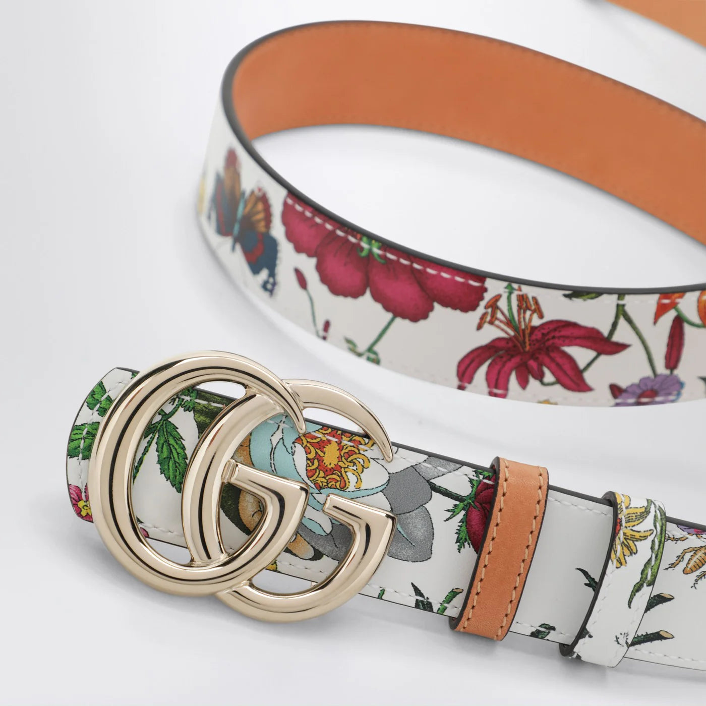 GUCCI GG Marmont reversible belt in brown/white leather with Flora print