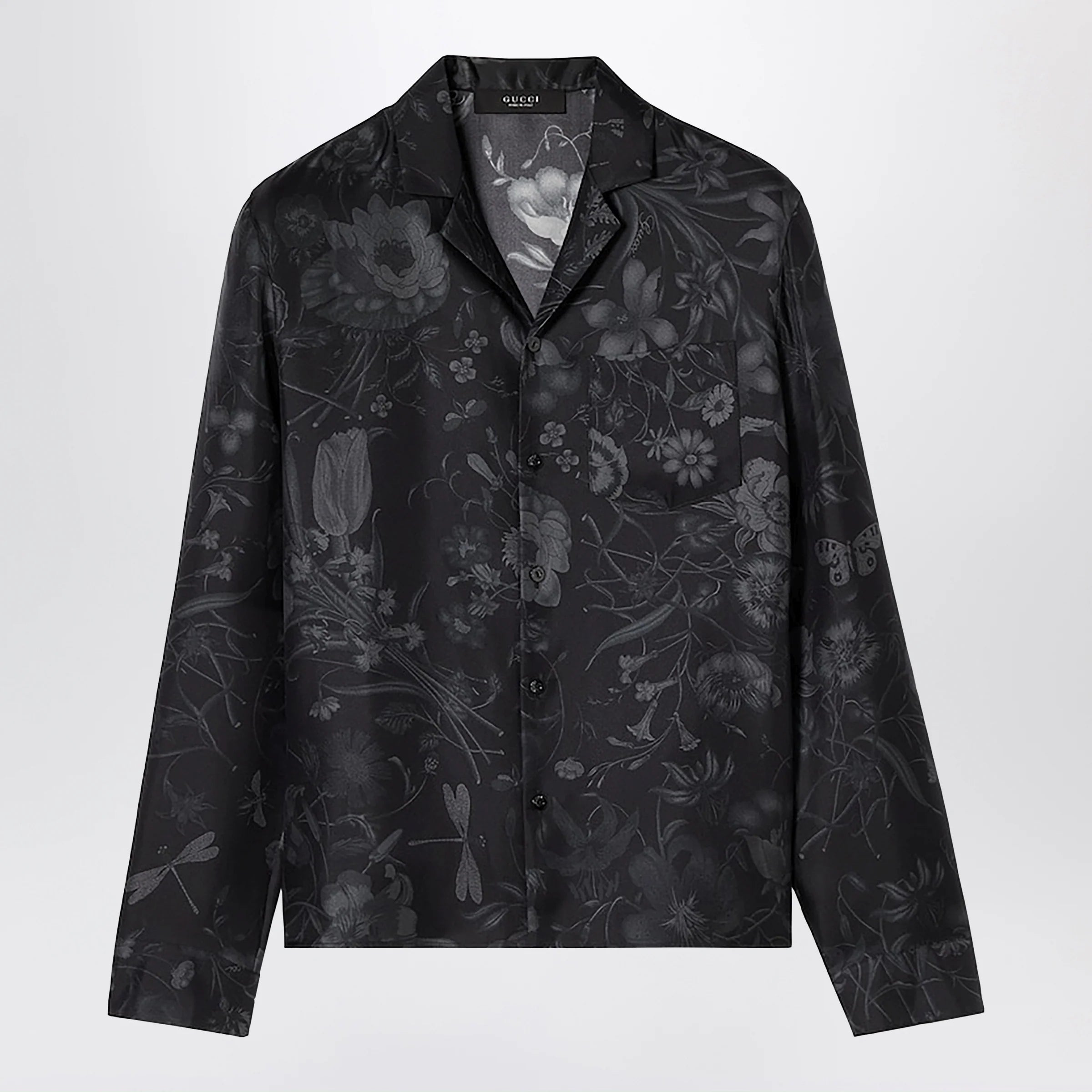 GUCCI Black silk twill bowling shirt with print