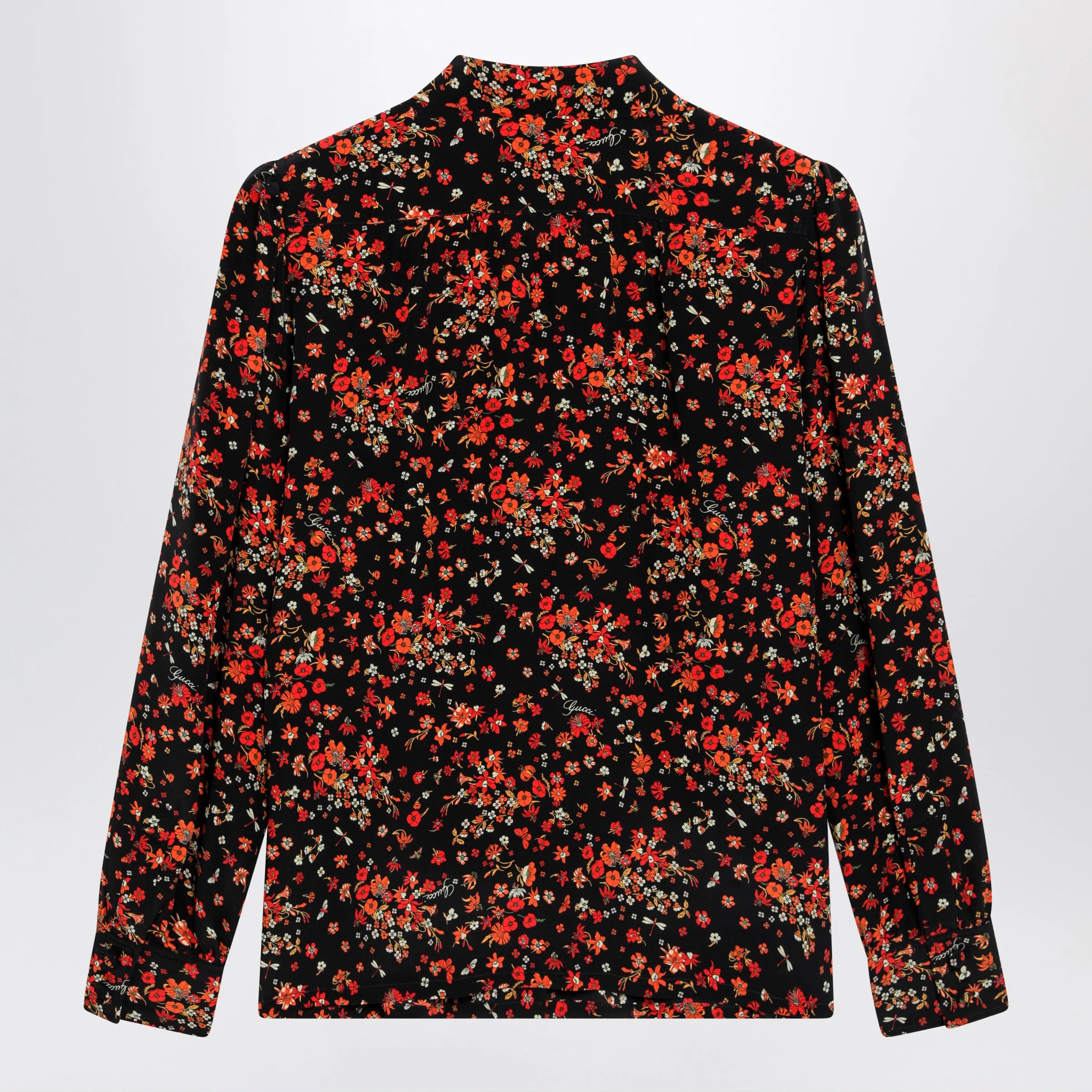 GUCCI Printed silk shirt with bow in black/red
