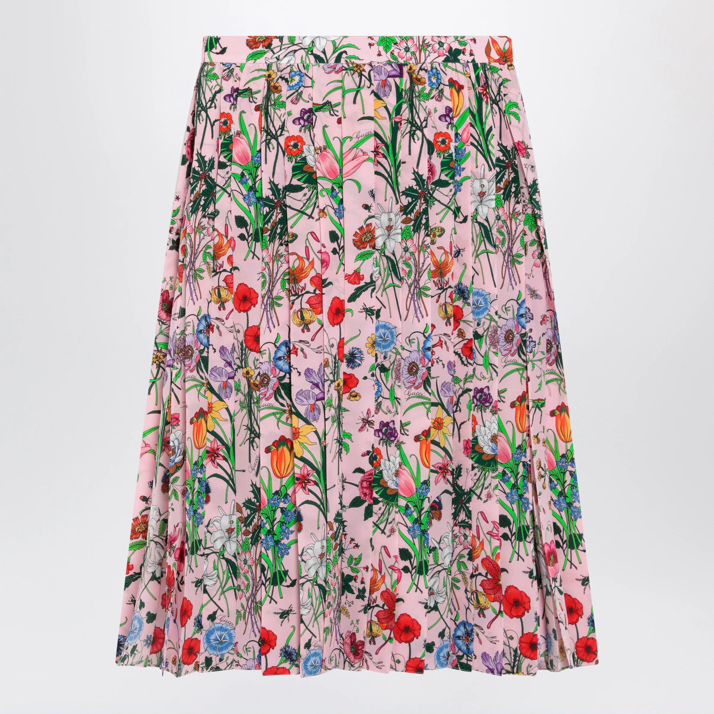 GUCCI Flora-print pleated silk midi skirt in pink