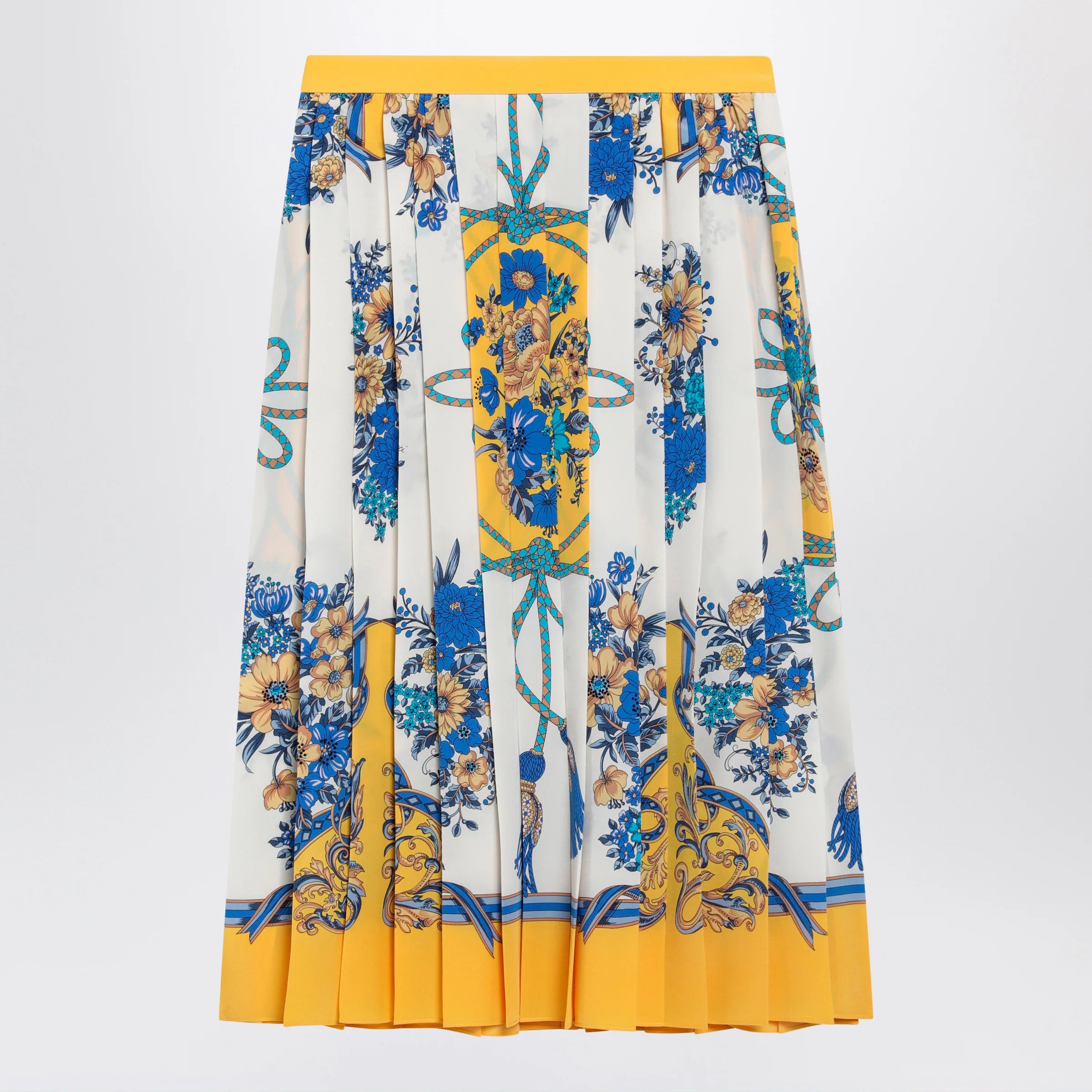 GUCCI Pleated midi silk skirt with Flora print in yellow/ivory