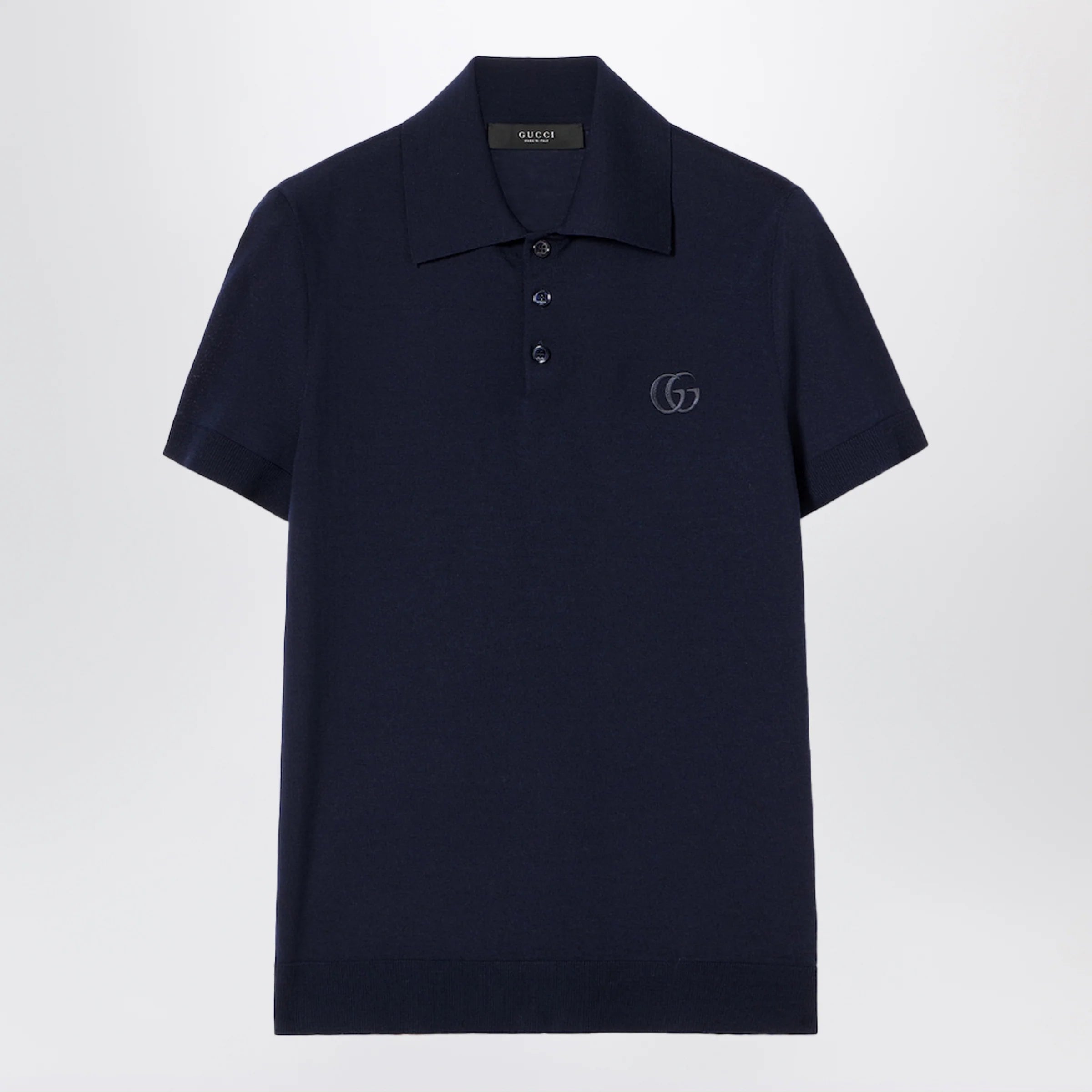 GUCCI Dark blue wool knit polo with GG embroidery