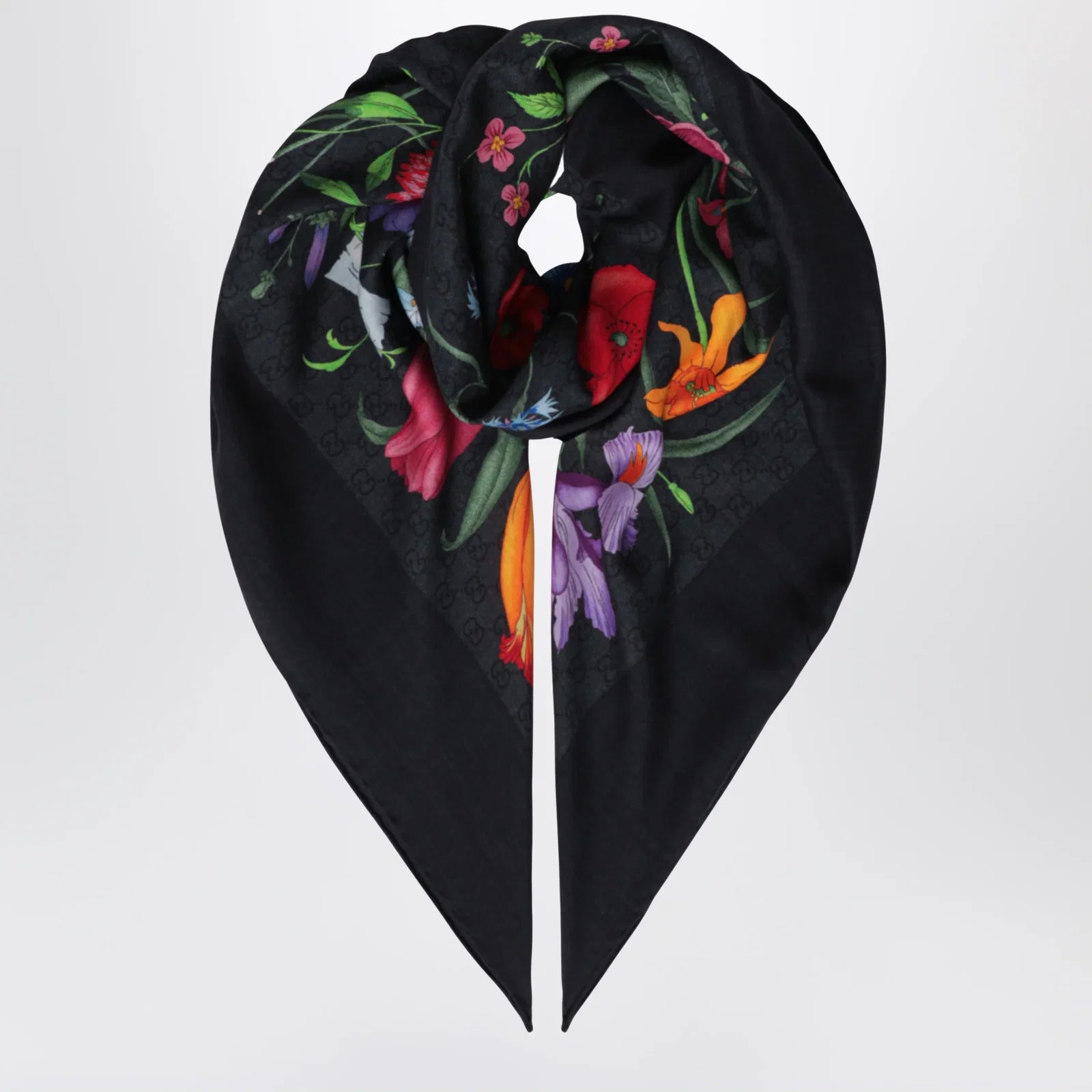 GUCCI Wool and silk scarf with floral print