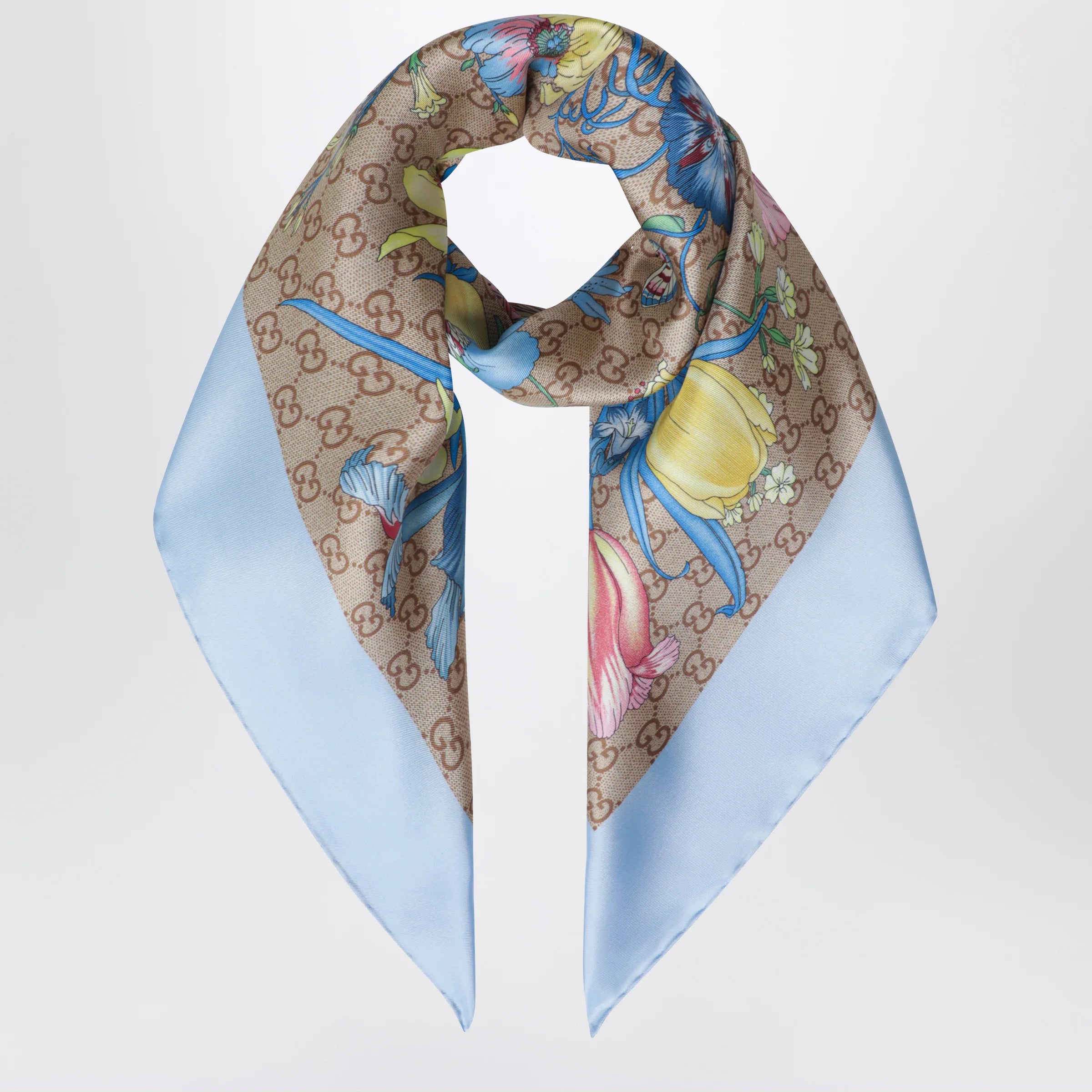 GUCCI Silk twill carré with GG print in sky blue