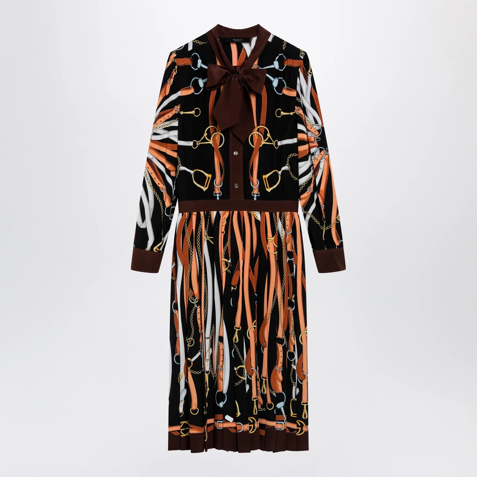 GUCCI Black/brown silk shirt dress with equestrian print