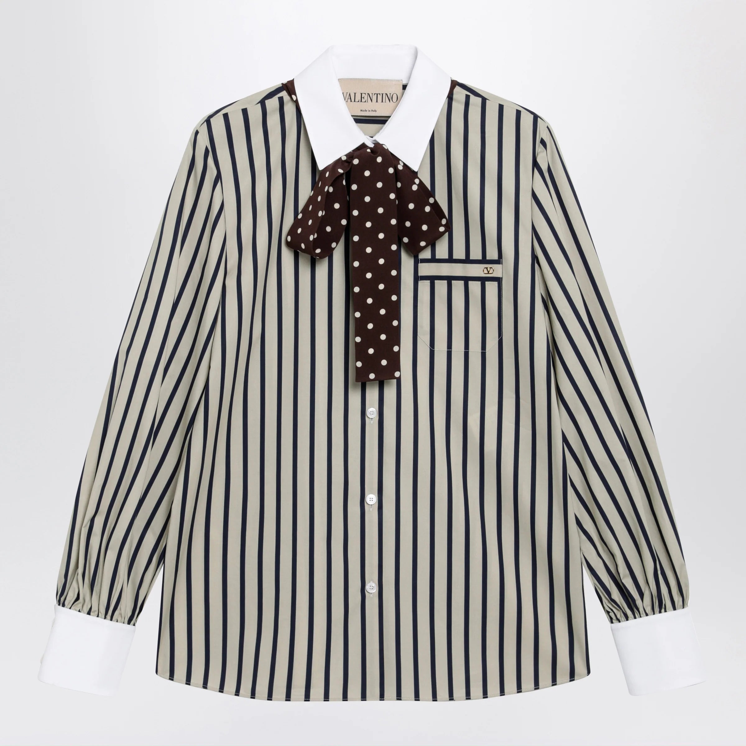 Valentino Striped cotton shirt with scarf in beige and blue