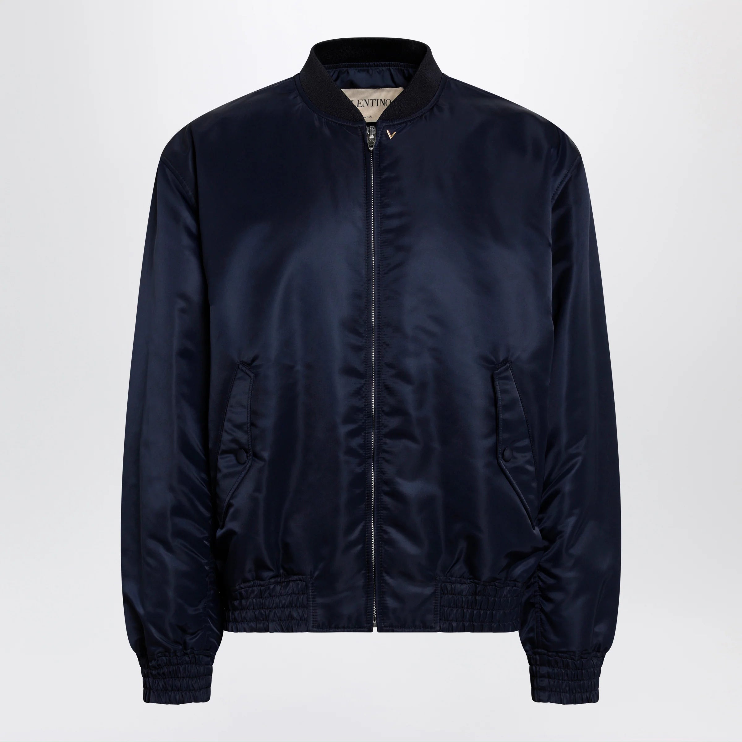 Valentino Shiny navy blue zip-up bomber jacket with Vlogo