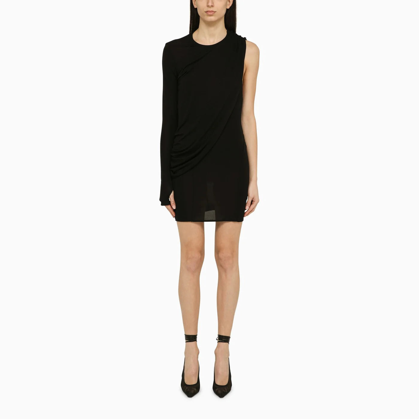 ANDREĀDAMO Black viscose one-shoulder dress with drape