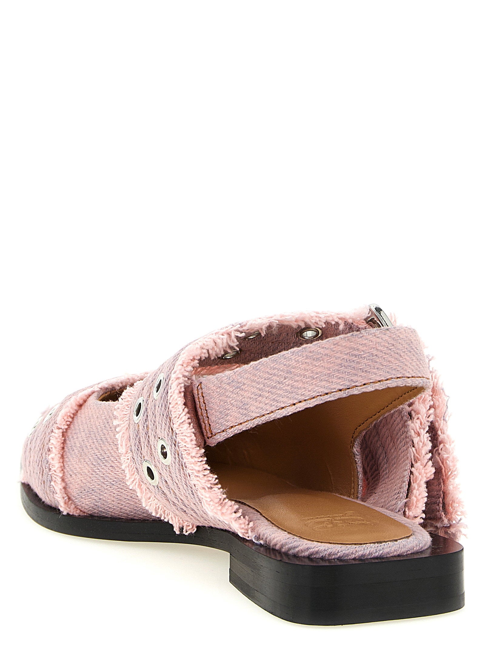 Ganni Feminine Buckle Fringed Denim Slingback