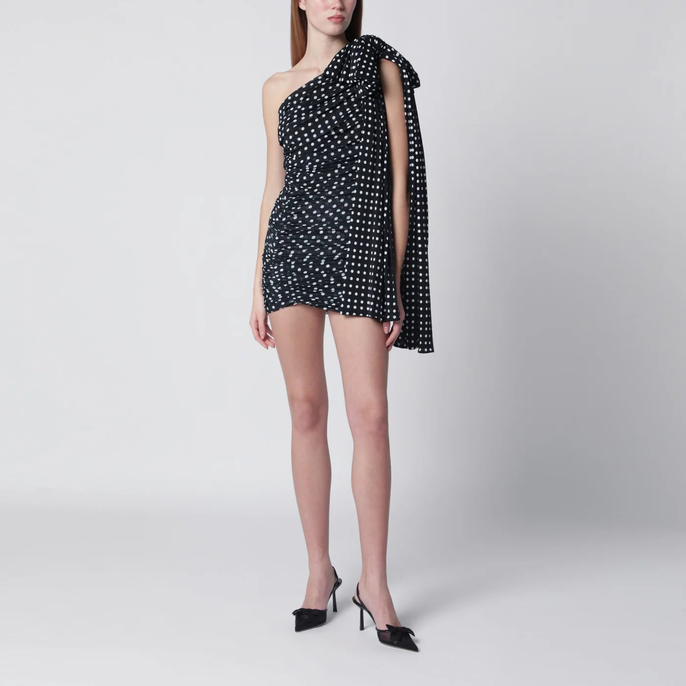 Patou Blue polka dot draped one-shoulder dress