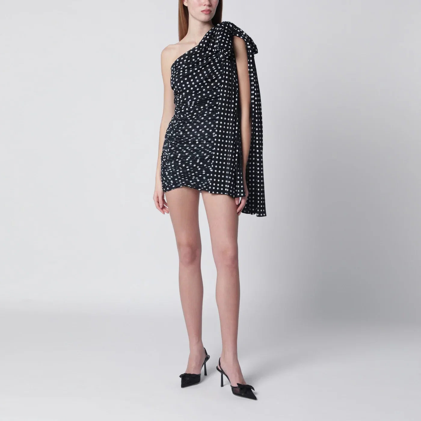 Patou Blue polka dot draped one-shoulder dress