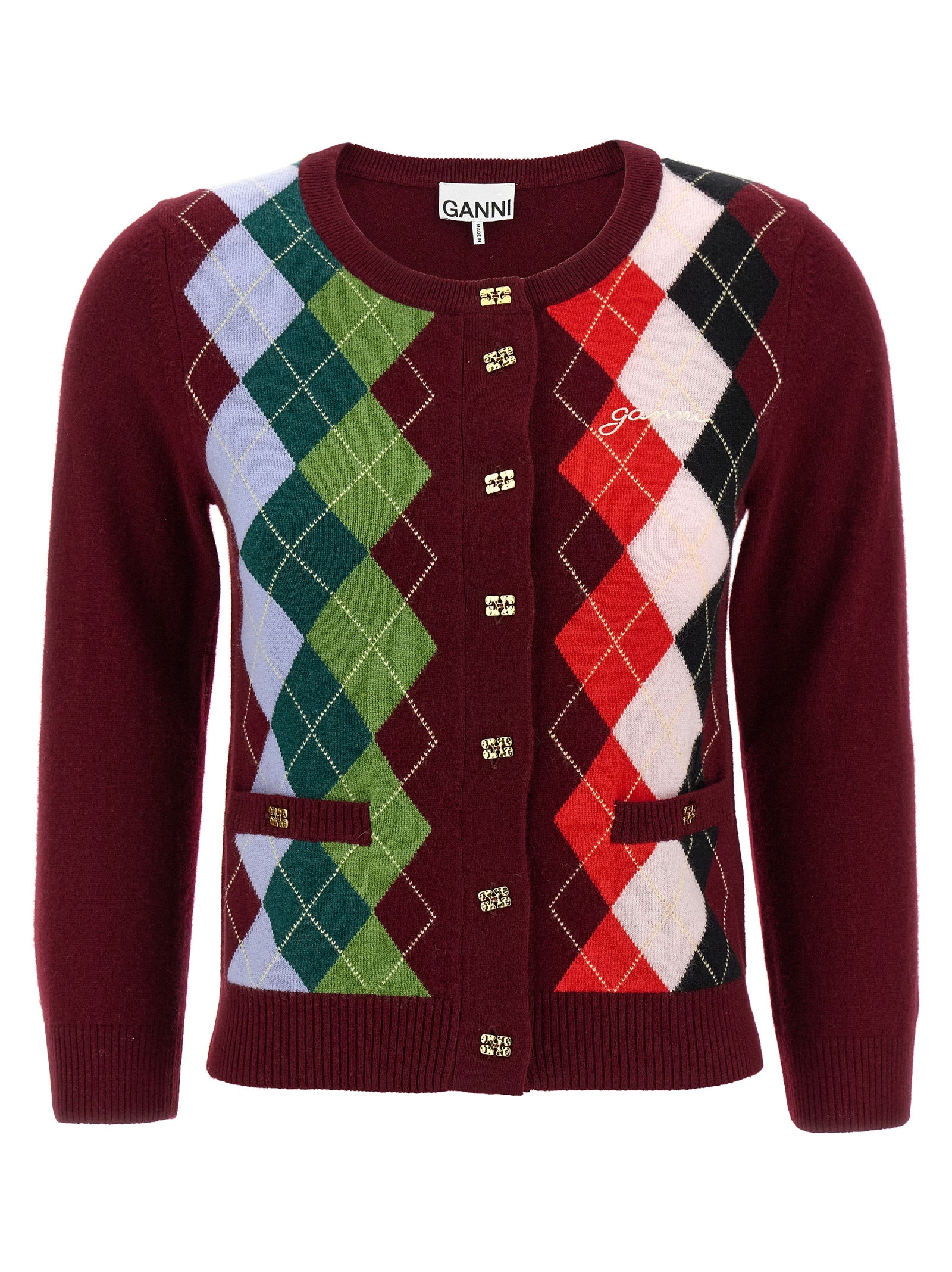 Ganni Burgundy Check Cardigan