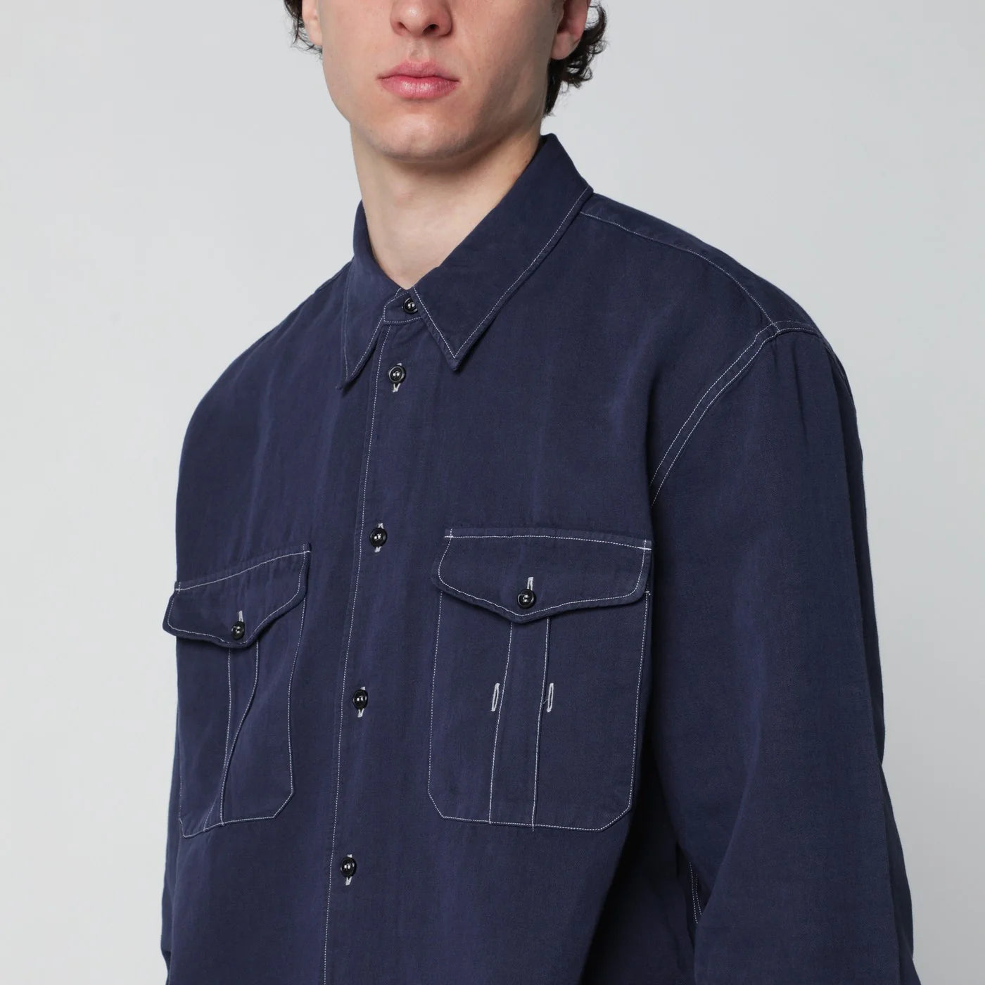 STUDIO NICHOLSON Louro shirt indigo blue in cotton and linen