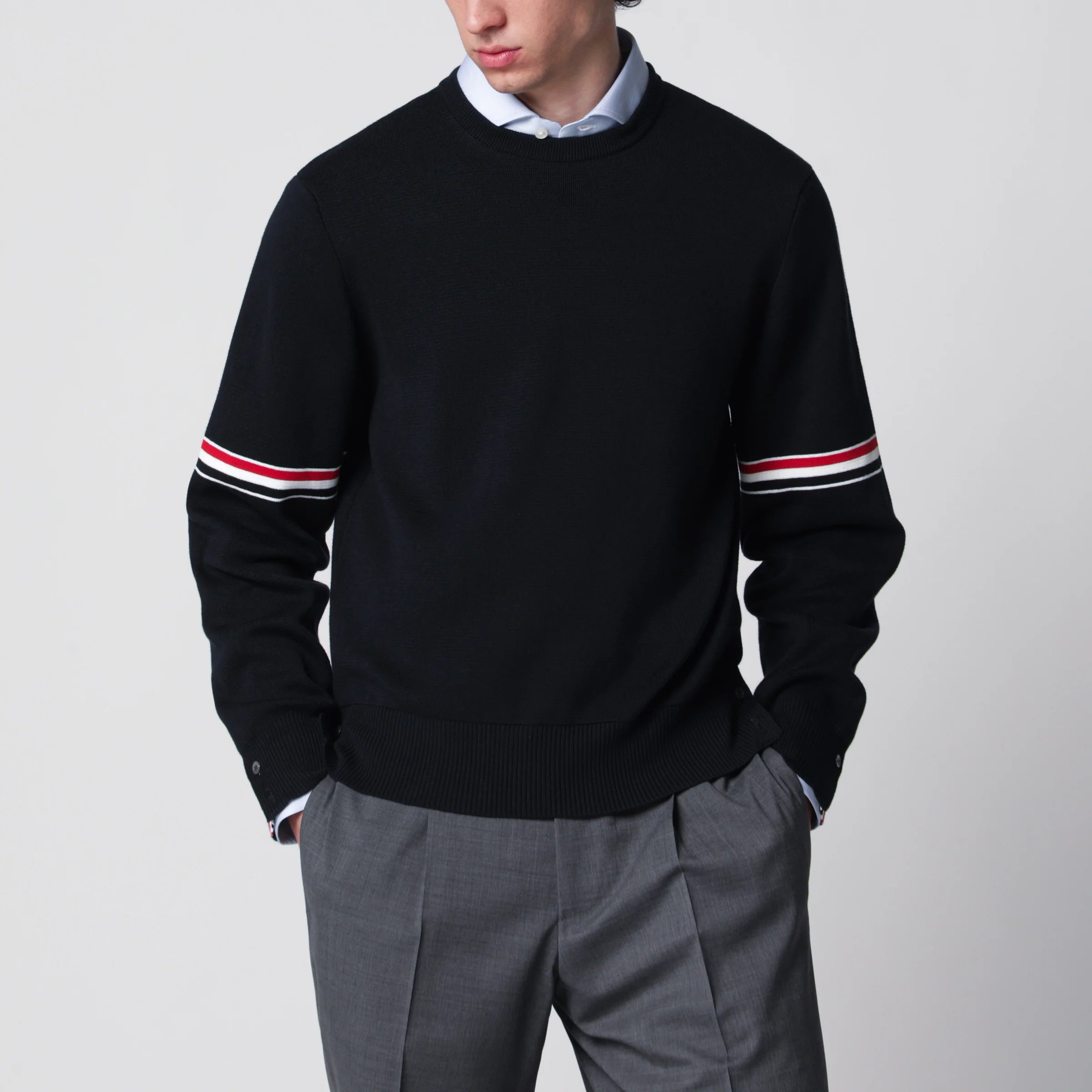 Thom Browne Navy blue cotton sweater with tricolor details