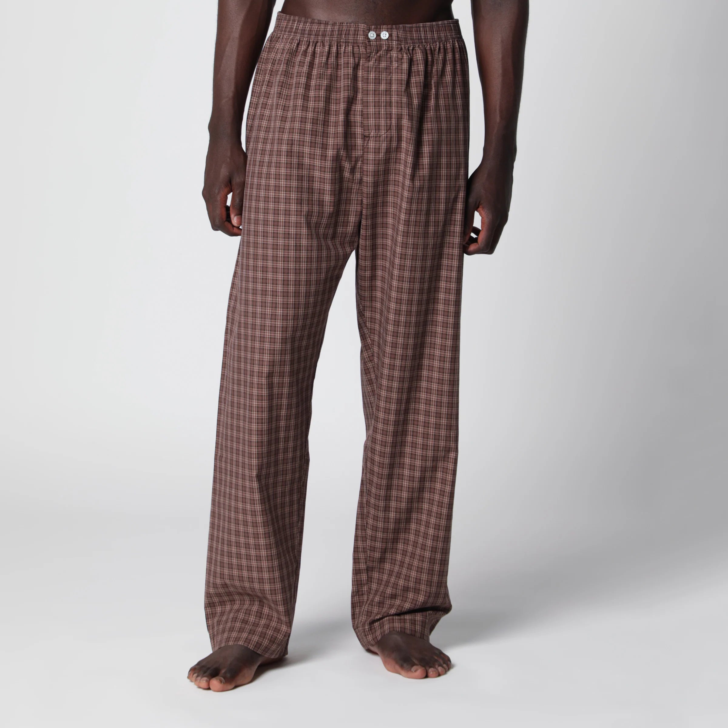 Tekla Serra-colored cotton pajama pants with check pattern
