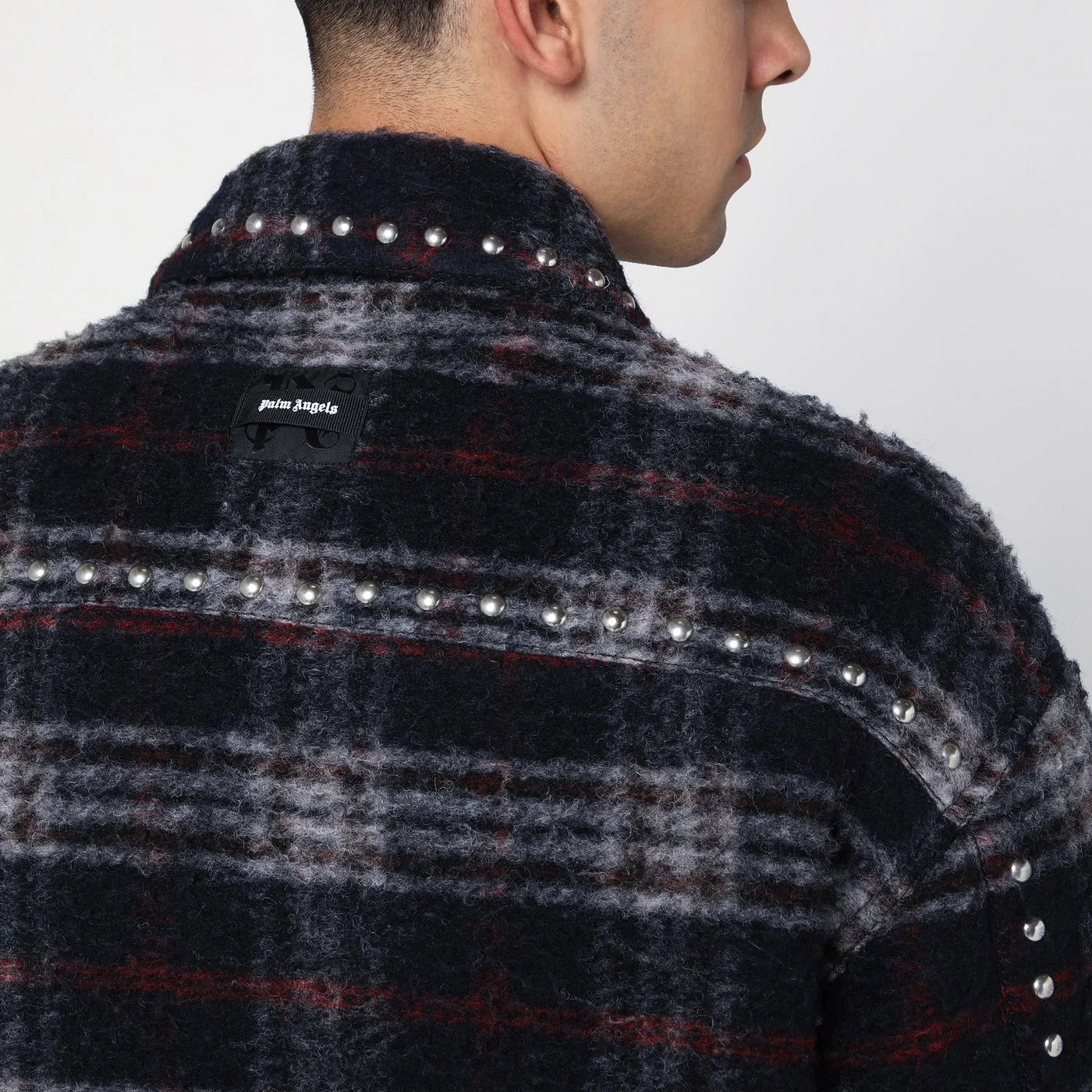 Palm Angels Over shirt in navy check wool with studs