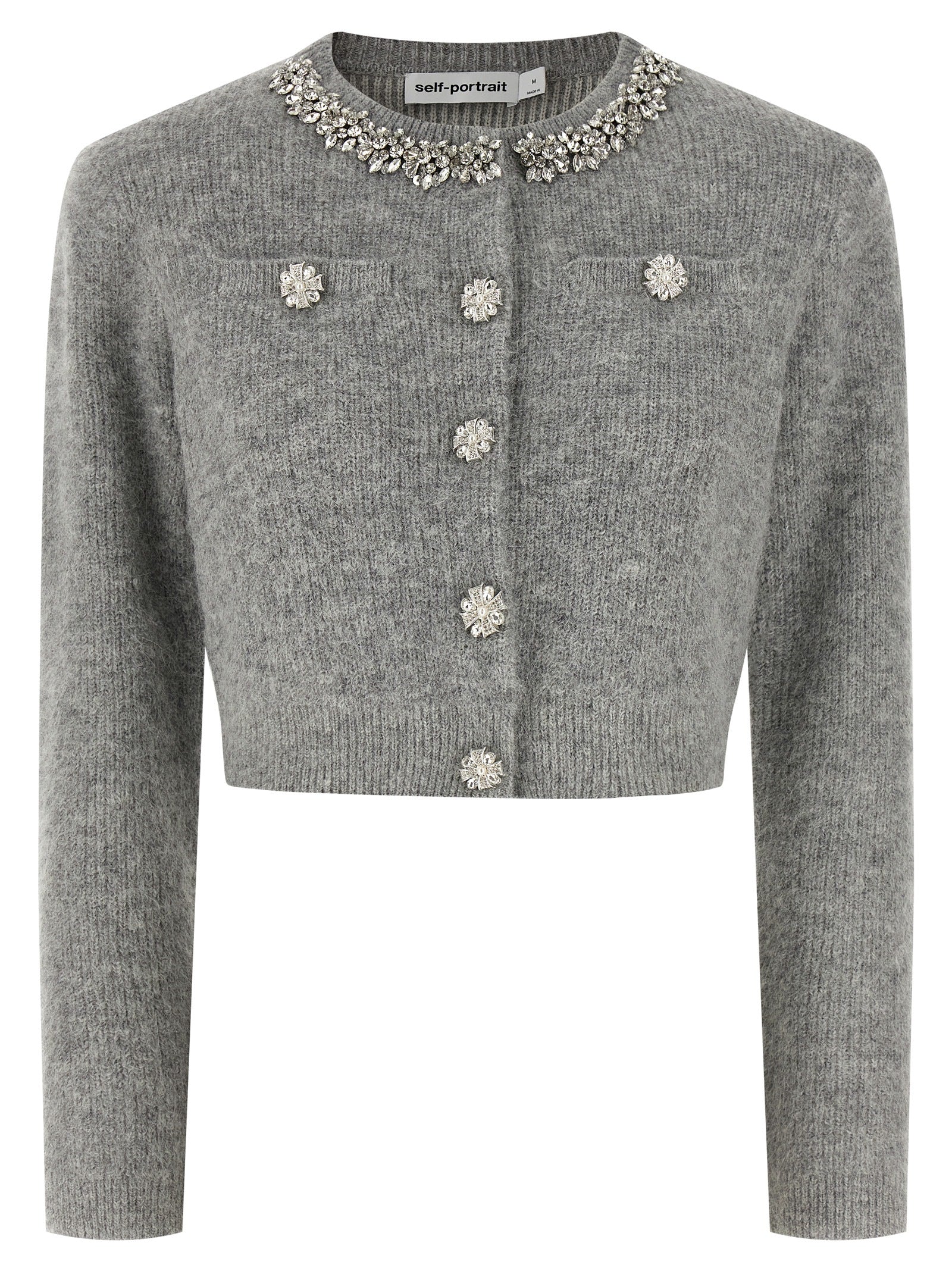 Self-Portrait Grey Fluffy Crystal Trim Cardigan