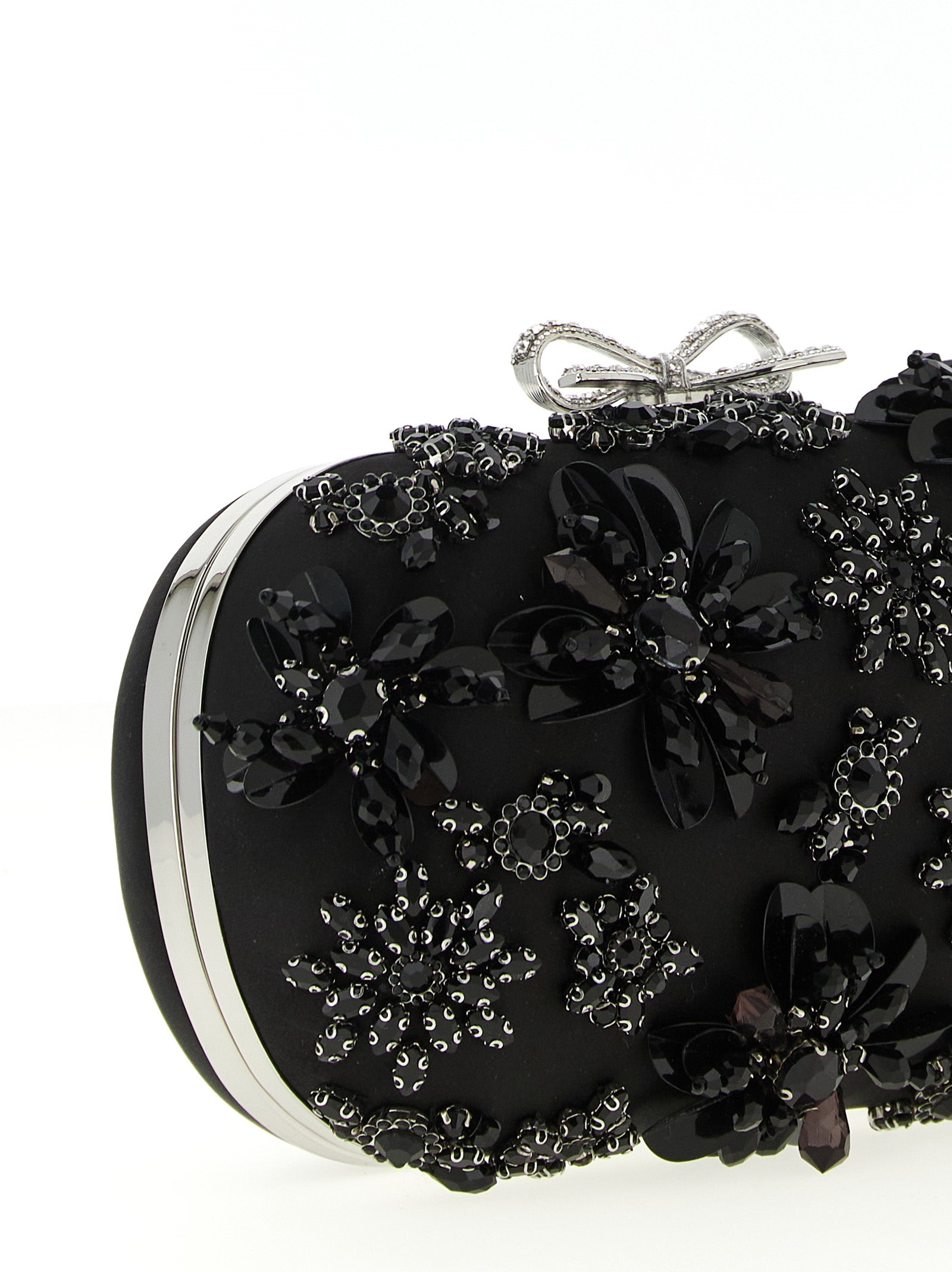 Self-Portrait Black Satin Floral Crystal Clutch