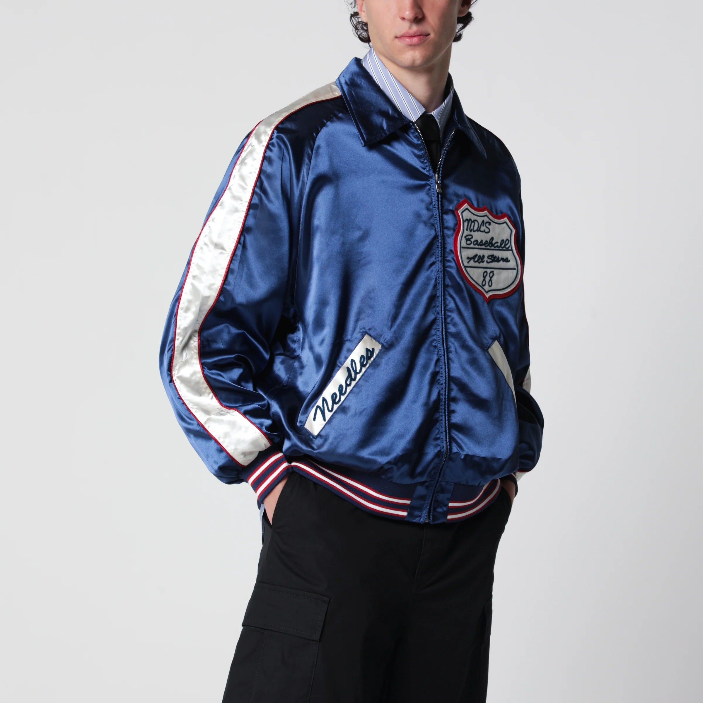 Needles Stadium Jacket in polyester satin, navy