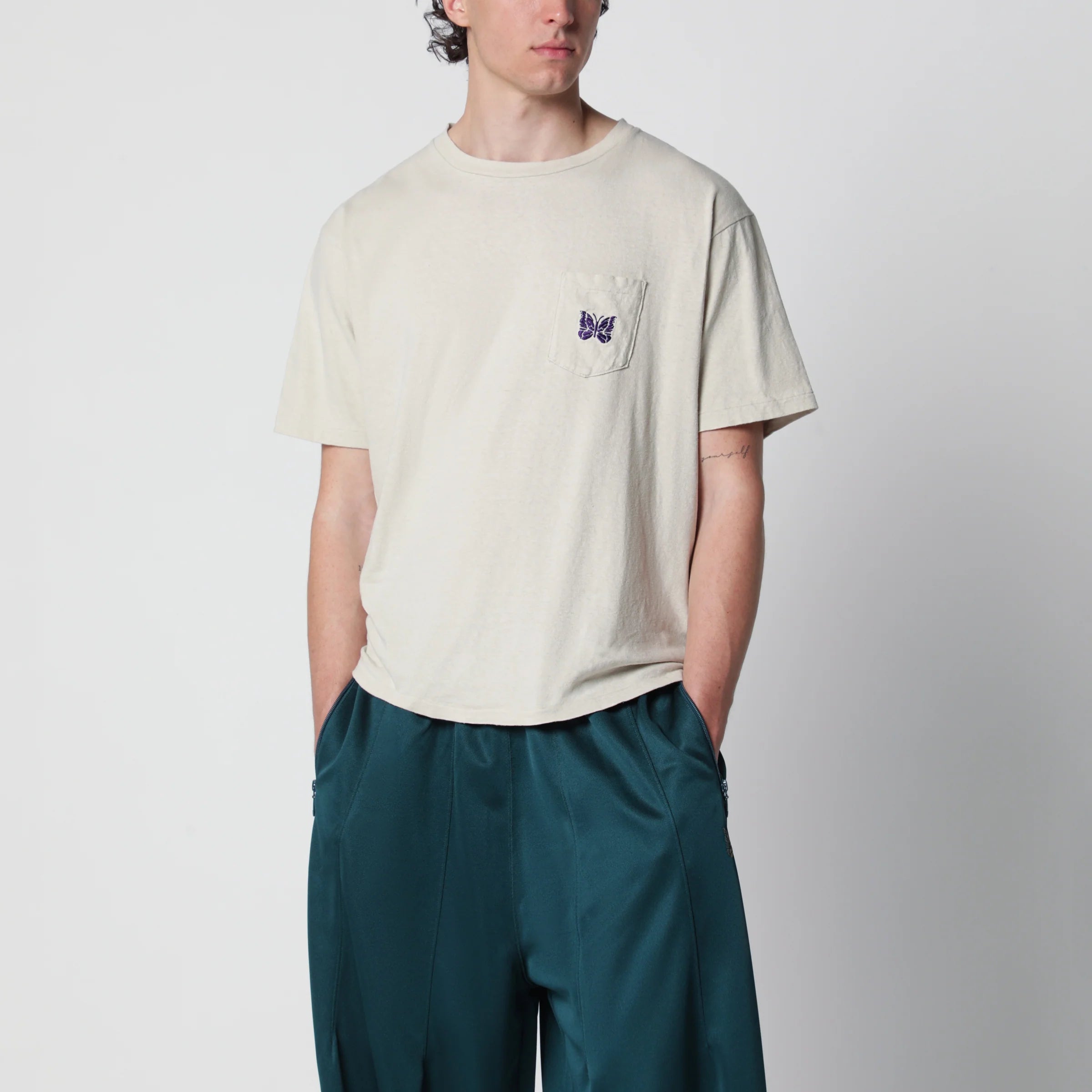 Needles Beige cotton T-shirt with embroidery