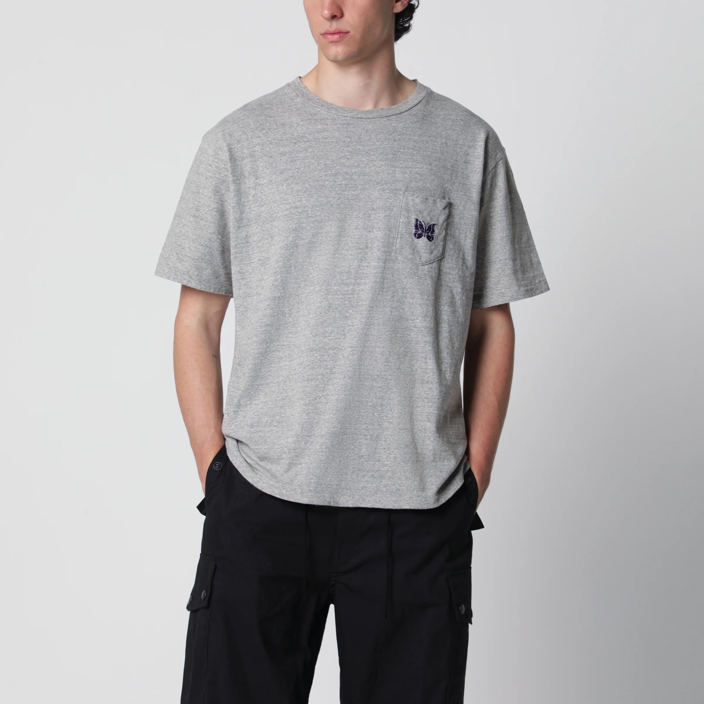 Needles Grey cotton T-shirt with embroidery