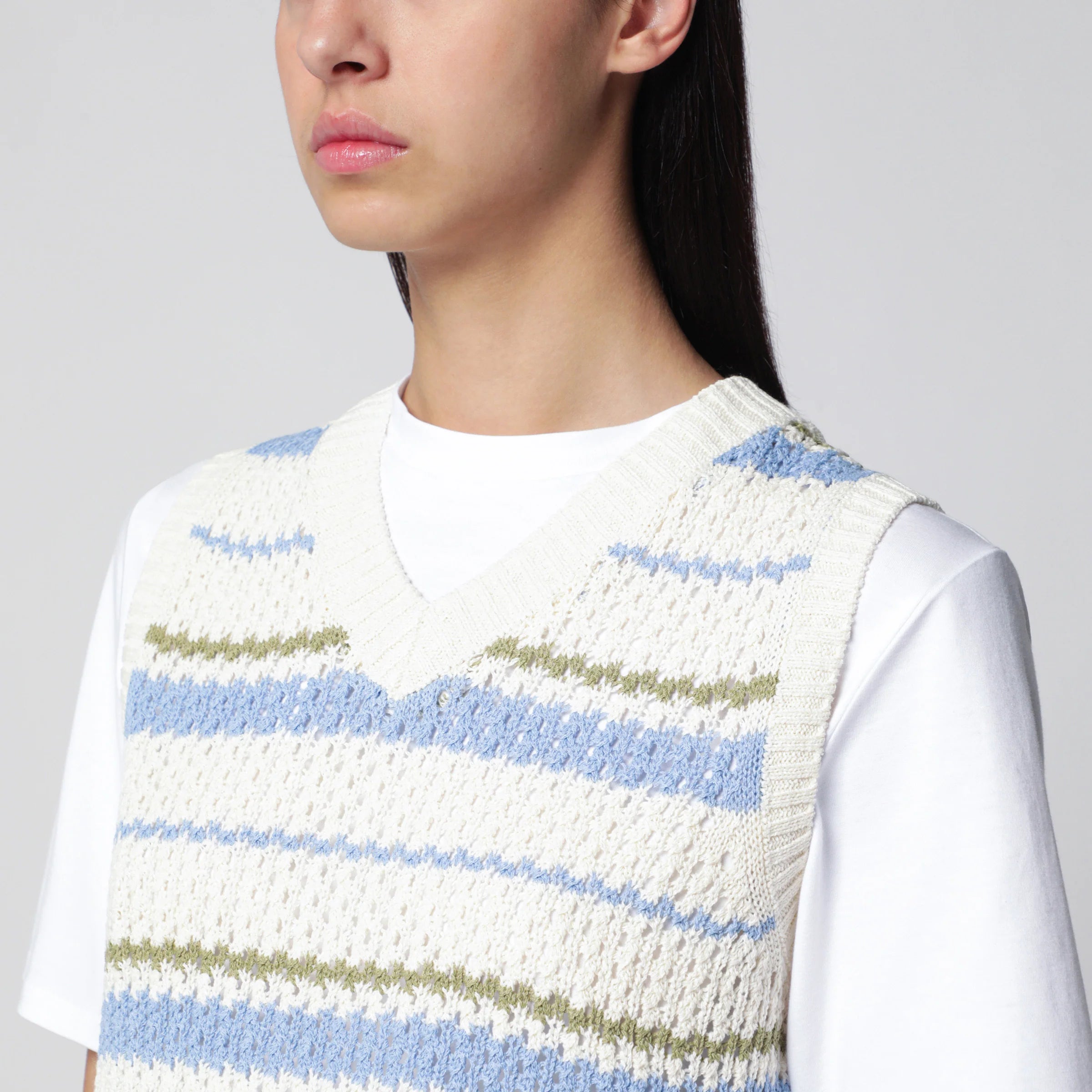 Dunst Ivory/green/light blue striped crochet-effect vest