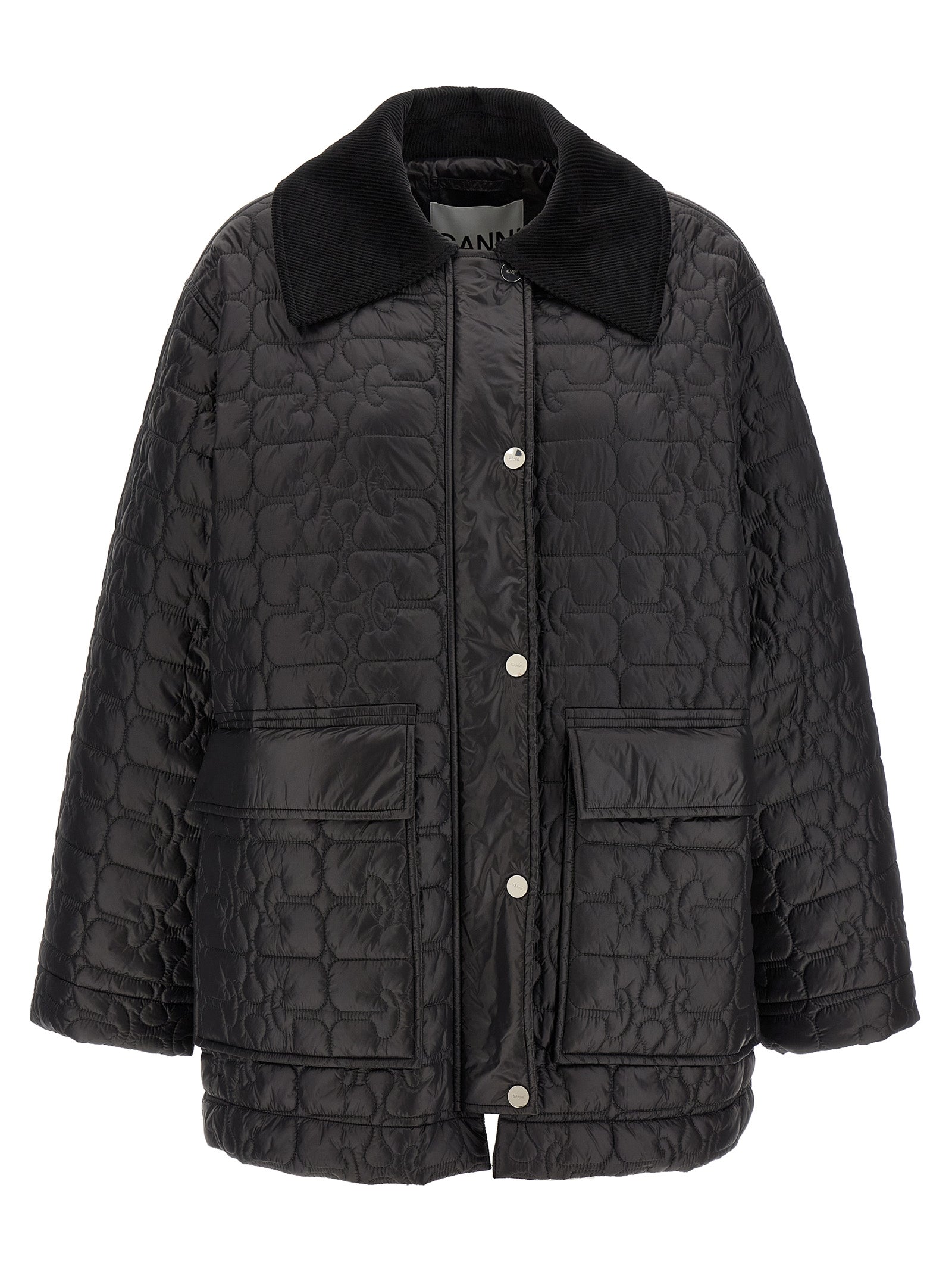 Ganni Black Shiny Quilt Midi Jacket