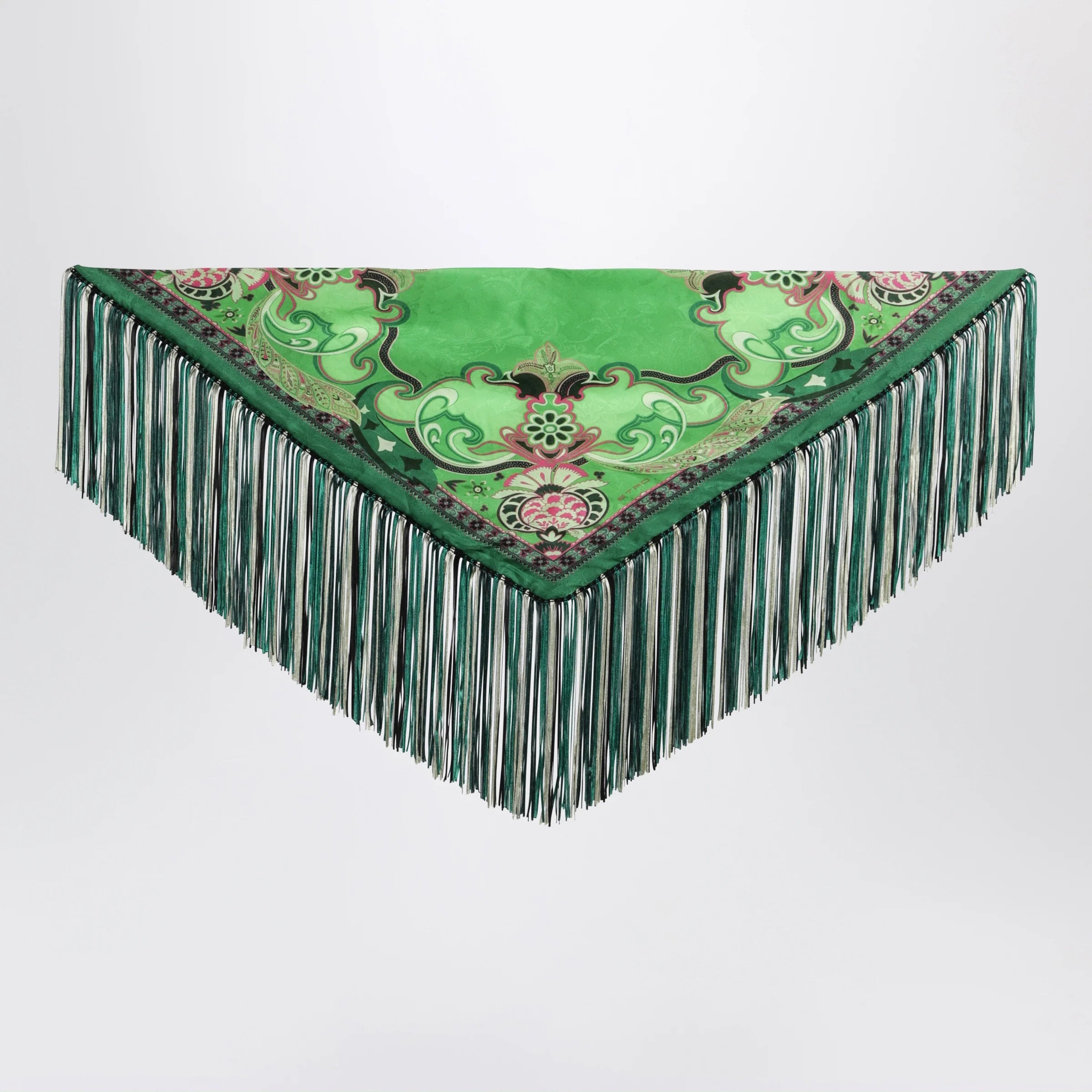 ETRO Green silk jacquard scarf with fringes